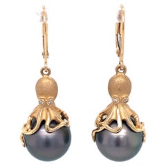 Vintage Circa 1990s Octopus Motif Tahitian Pearl Earrings with Diamonds in 14K Gold