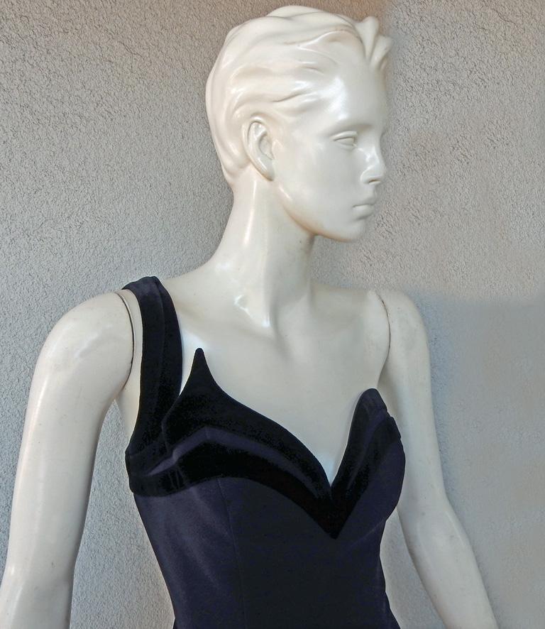 
Circa 1990’s black and blue Thierry Mugler one shoulder column crepe gown featuring black velvet 