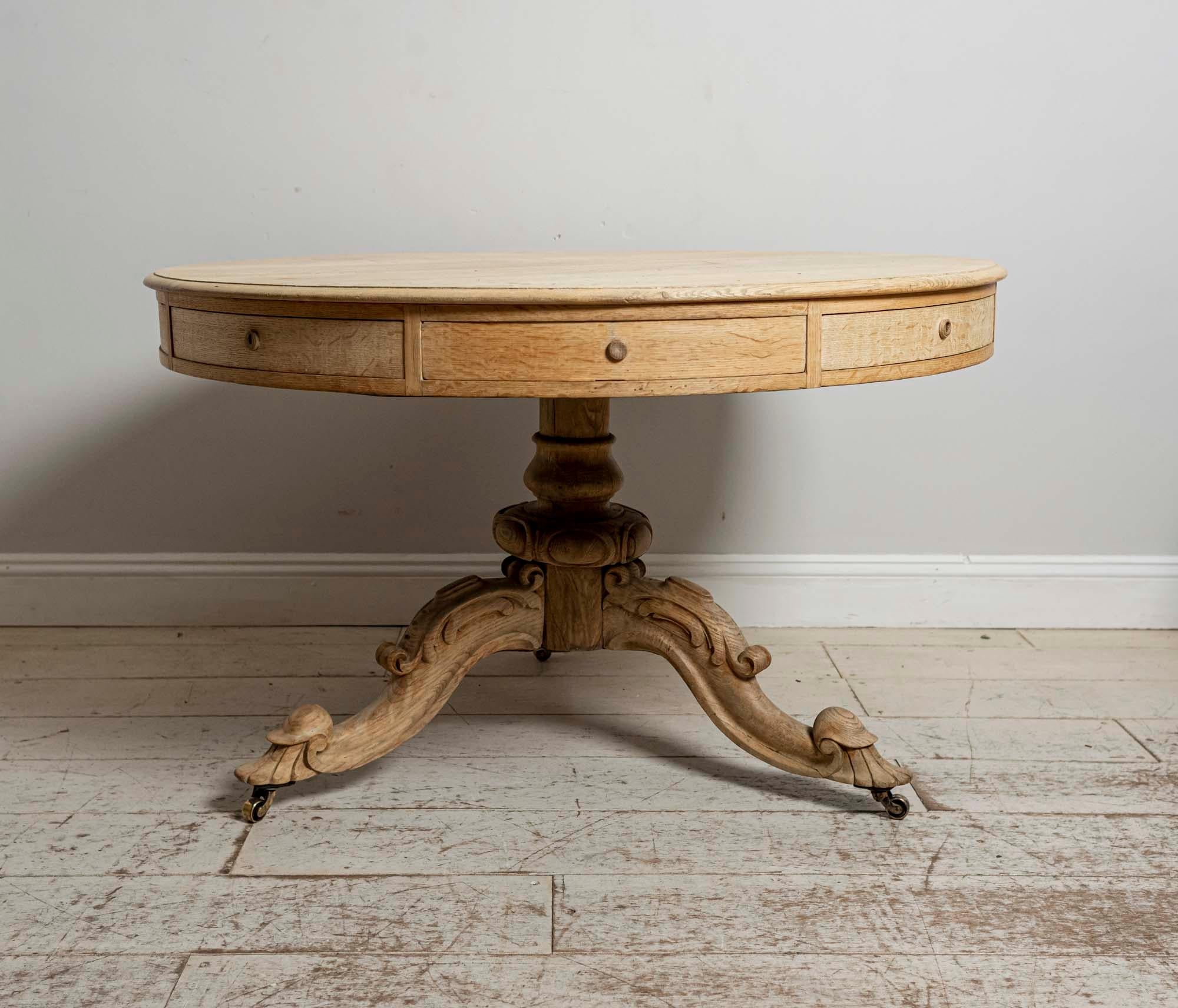 British English Bleached Oak Drum or Centre Table with Eight Drawers, circa 19th Century