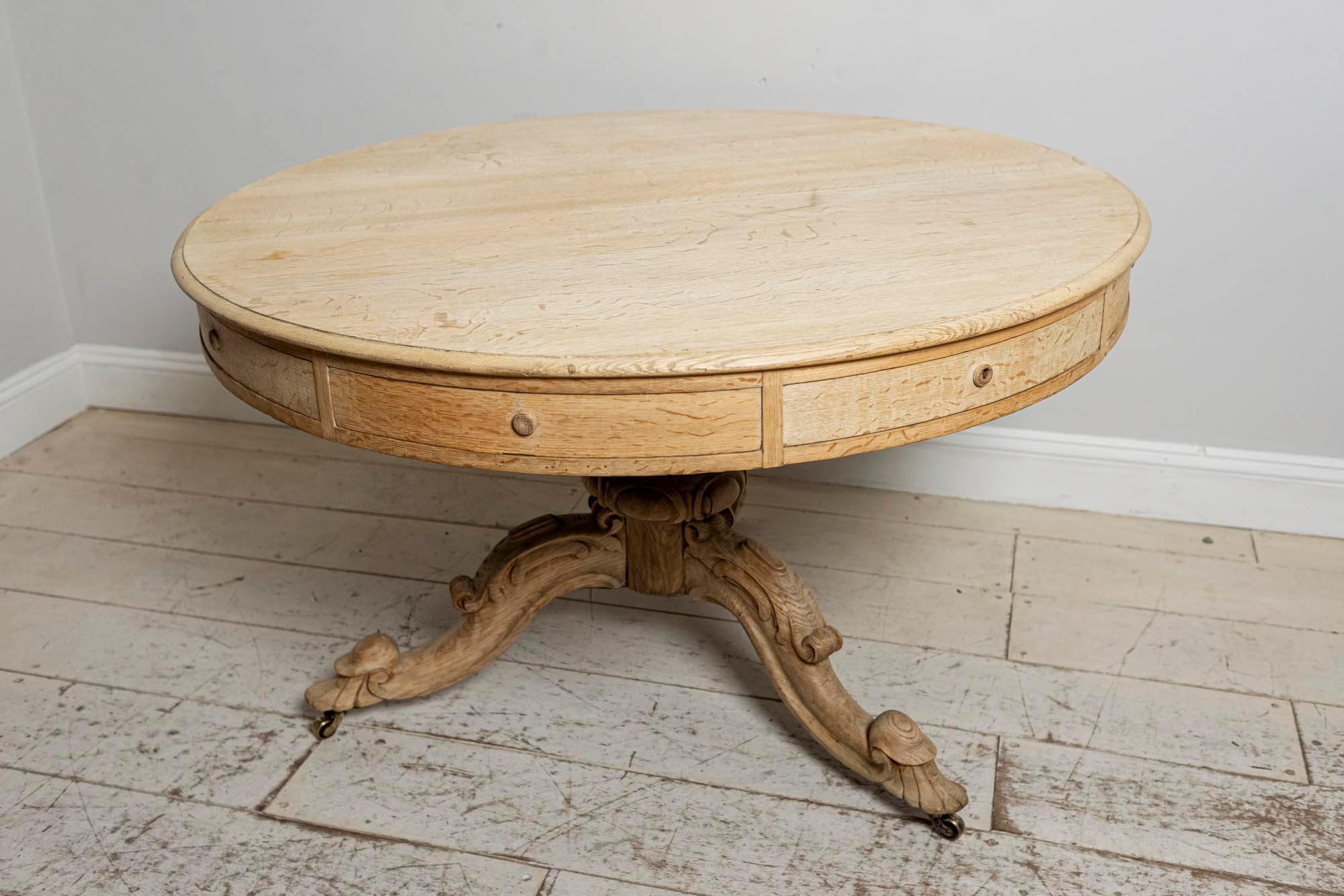 Carved English Bleached Oak Drum or Centre Table with Eight Drawers, circa 19th Century
