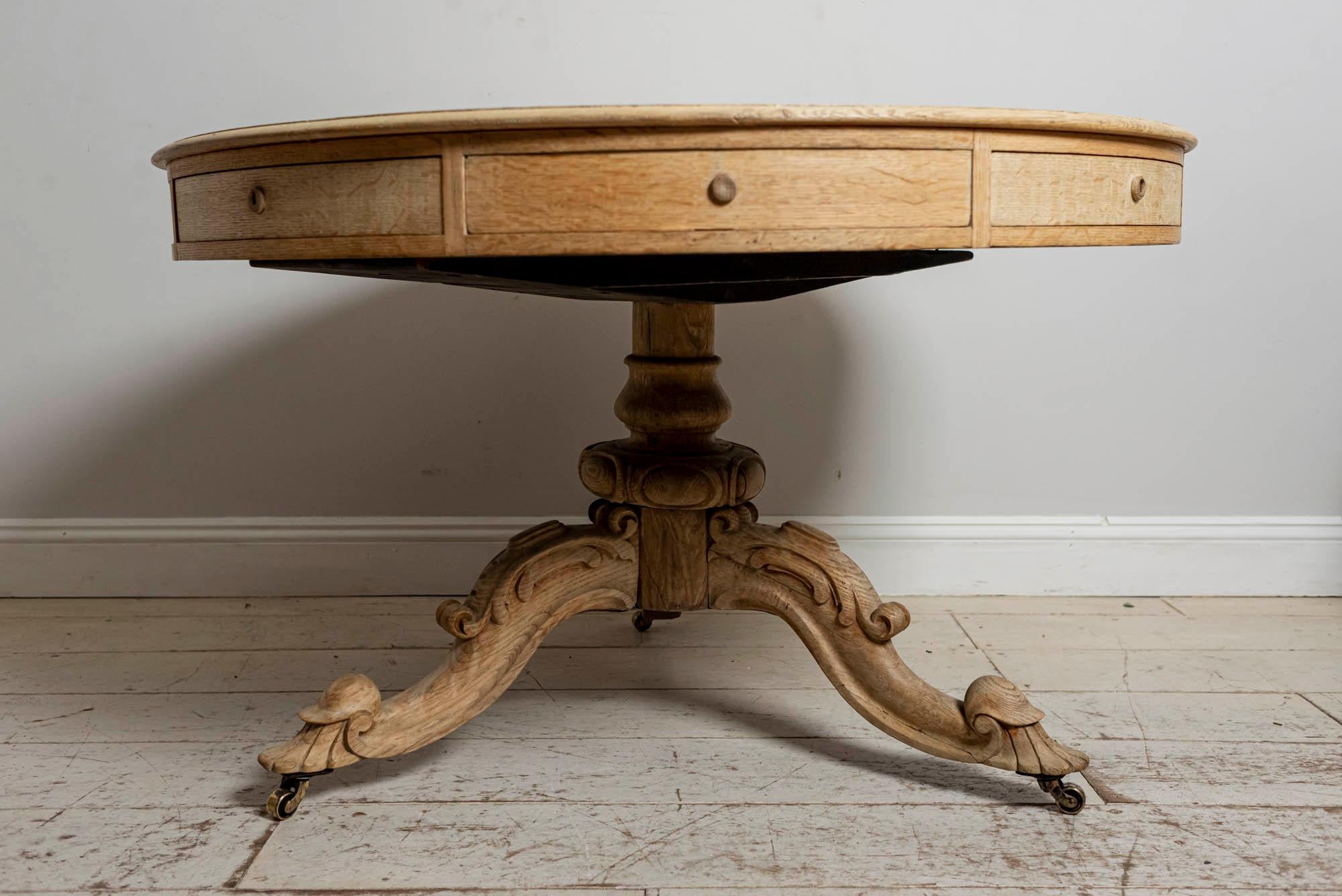 English Bleached Oak Drum or Centre Table with Eight Drawers, circa 19th Century 3