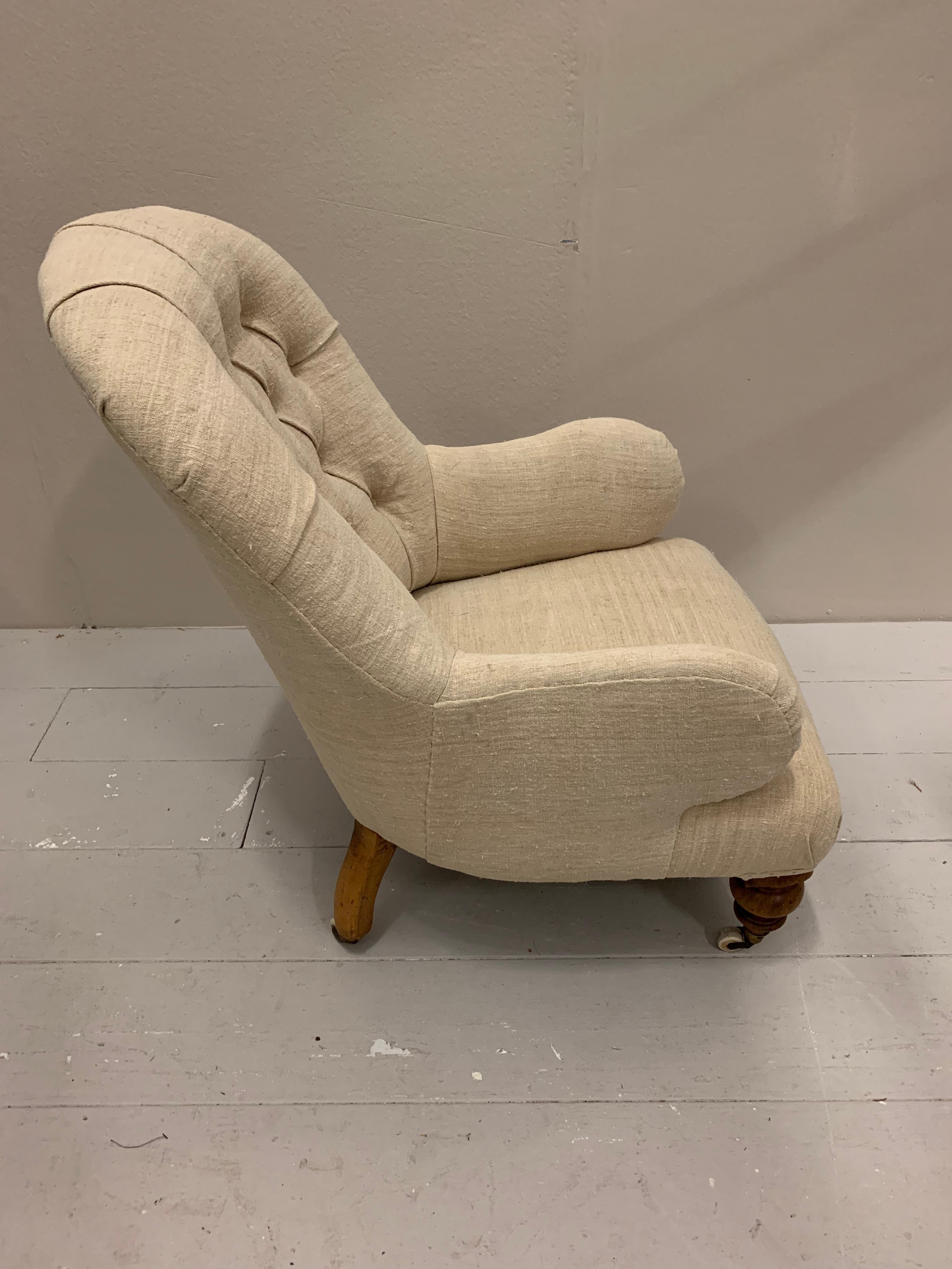 Ceramic Circa 19th Century English Upholstered Buttoned Back Armchair in French Linen For Sale