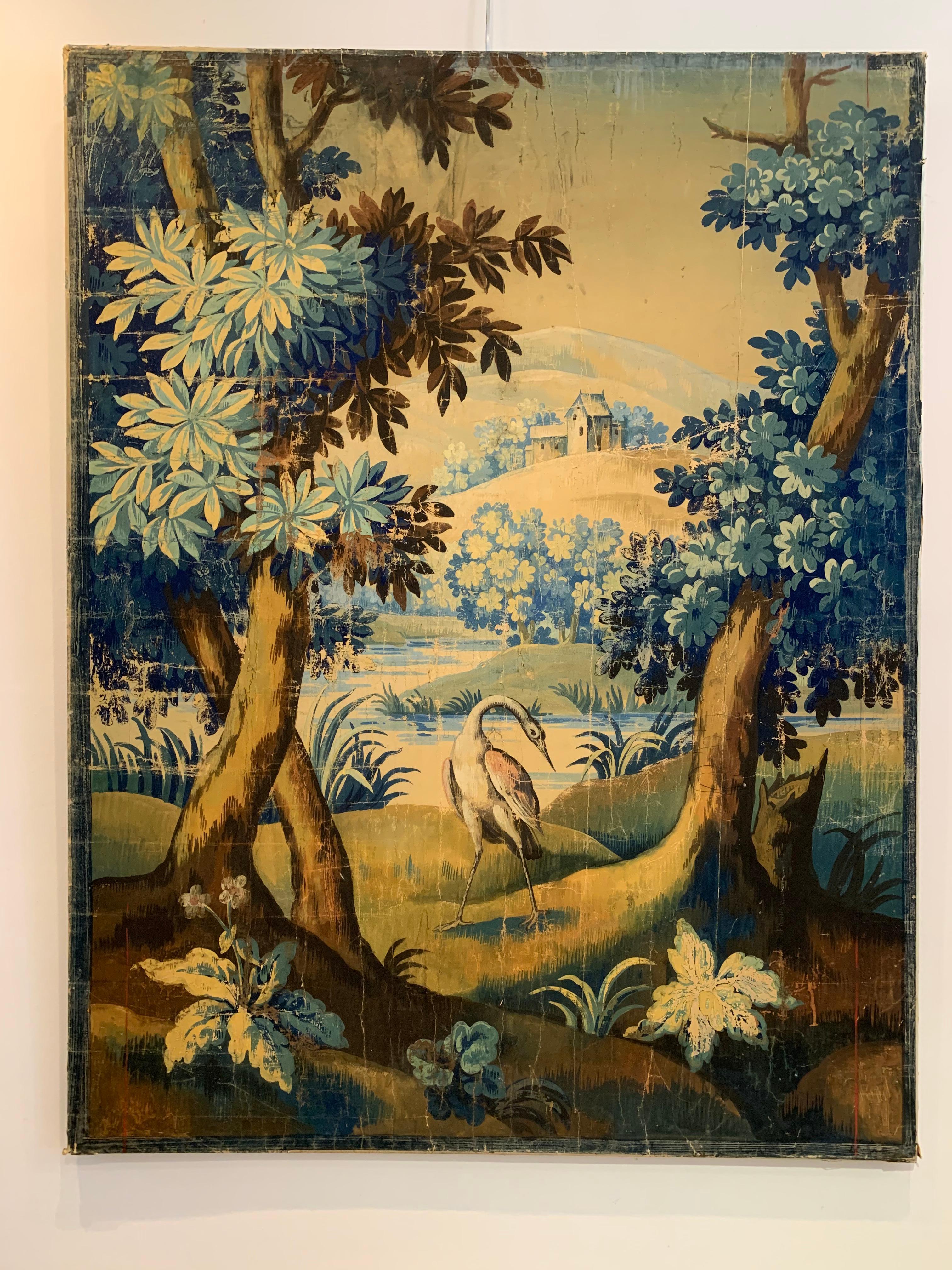 A wonderful early 19th century French cartoon painting which is painted on thick paper and wood backed.
The painting is a scene of lake, hills and forest view with a bird similar to a Crane in the foreground, standing between two leafy trees. The