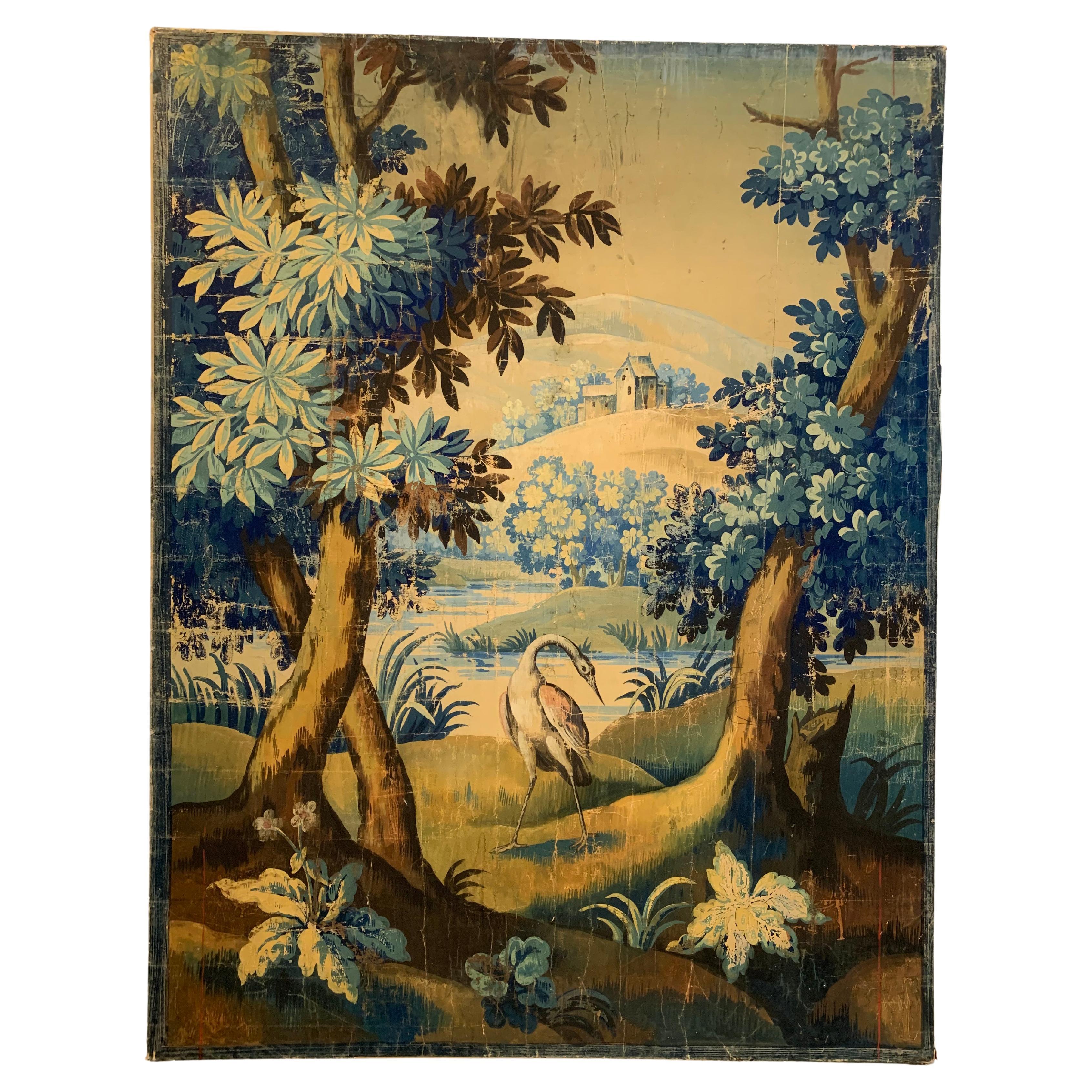 circa 19th Century French Painted Forest View Cartoon for a Tapestry on Paper