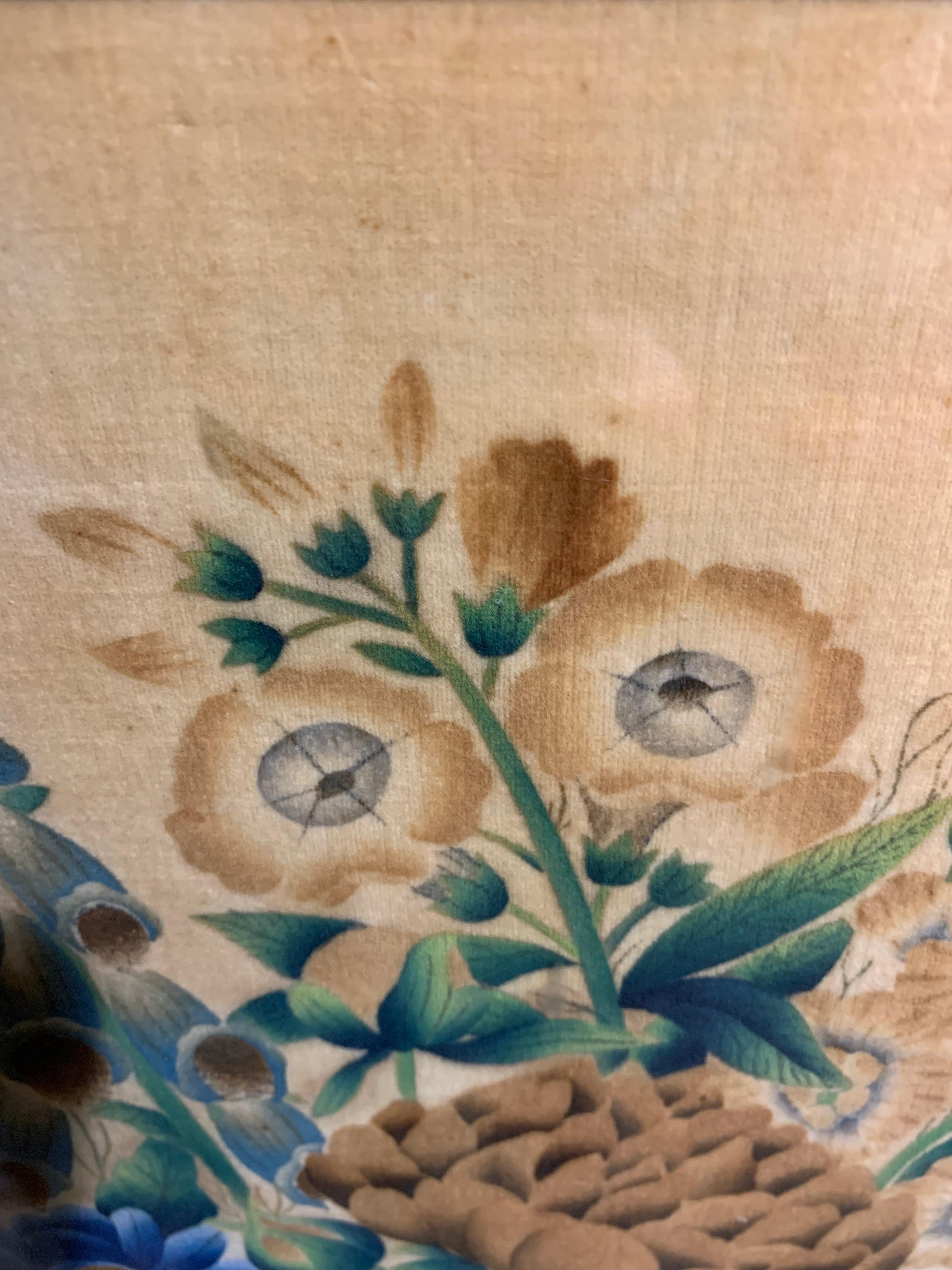 Hand-Painted circa 19th Century French Painting of a Flower Filled Urn on Velvet  For Sale