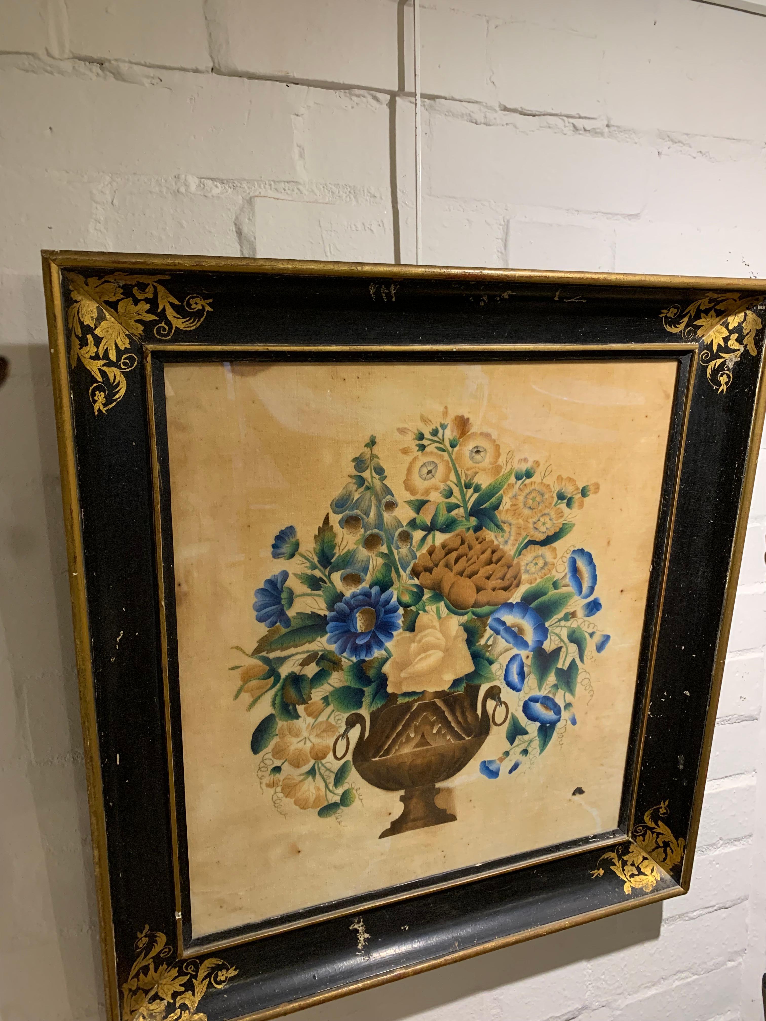 Peinture française du 19ème siècle représentant une urne remplie de fleurs sur velours  en vente 1