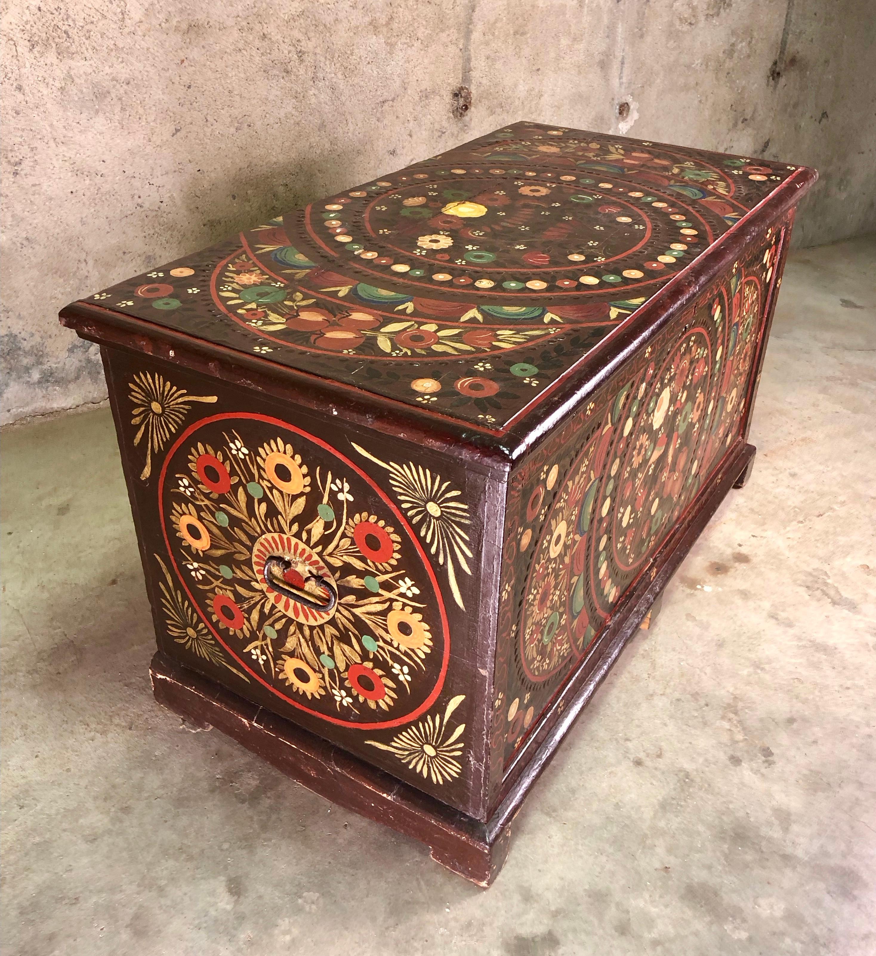 Pine Circa 19th Century Painted Marriage Chest