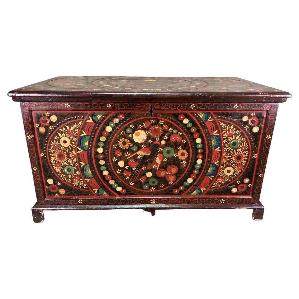 Unique Folk Art Pyrography Chest at 1stDibs