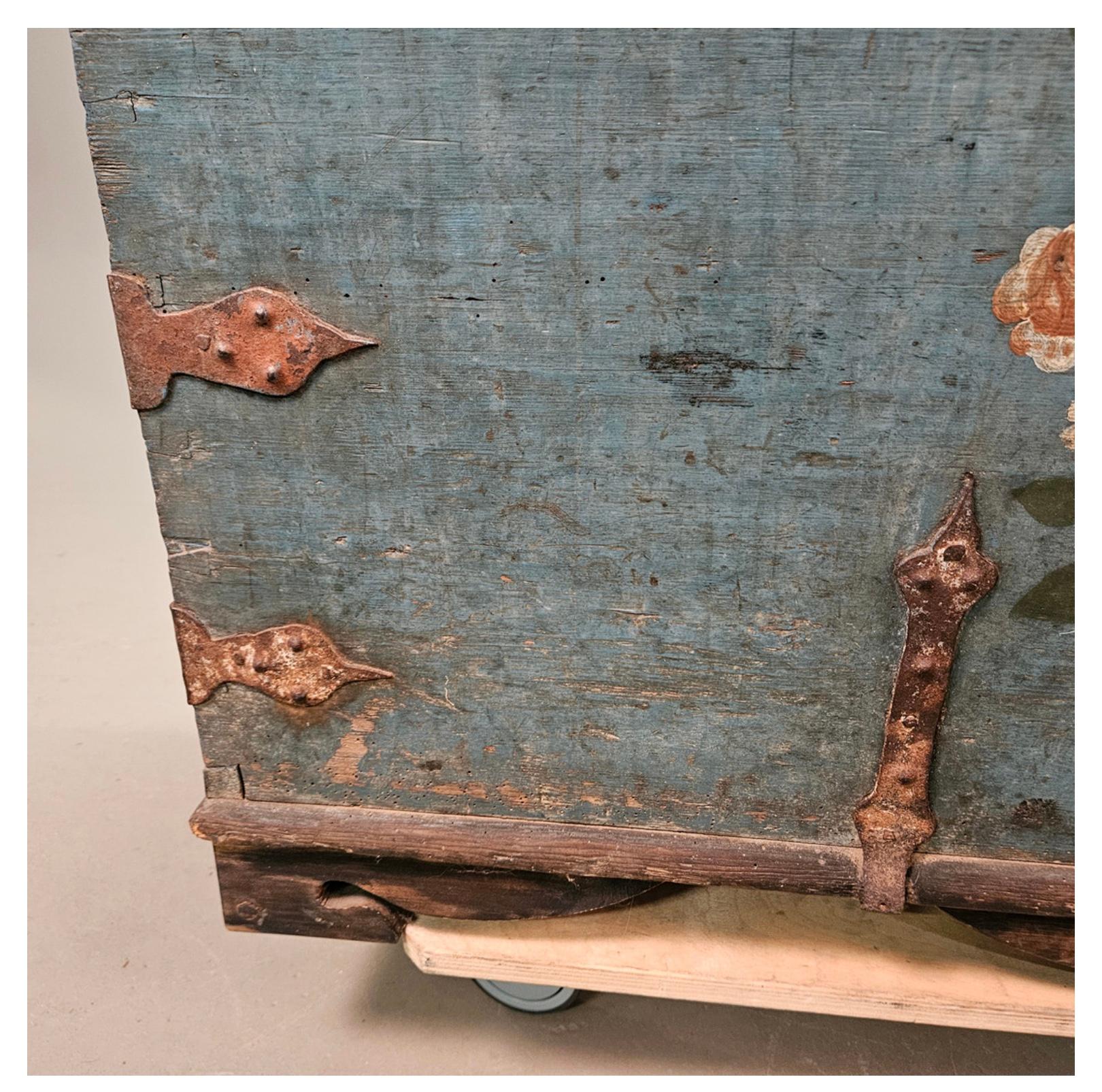 Cast Circa 19th century Swedish painted blue folk style decorated marriage chest