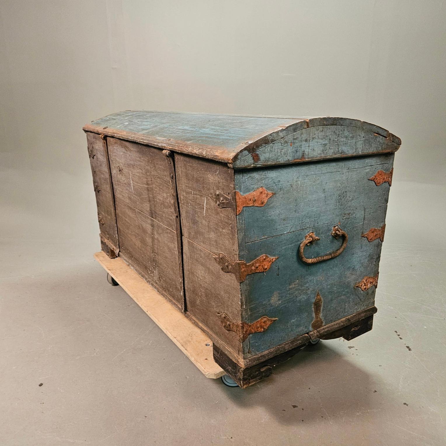 Iron Circa 19th century Swedish painted blue folk style decorated marriage chest