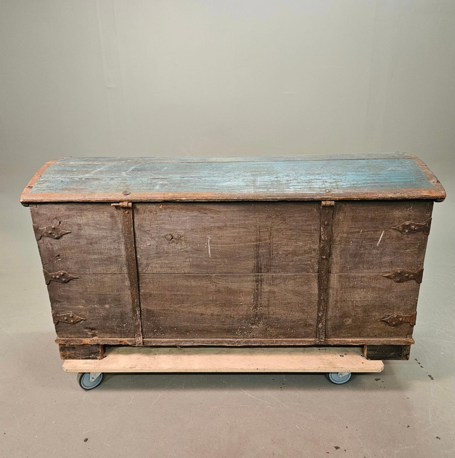 Circa 19th century Swedish painted blue folk style decorated marriage chest 1
