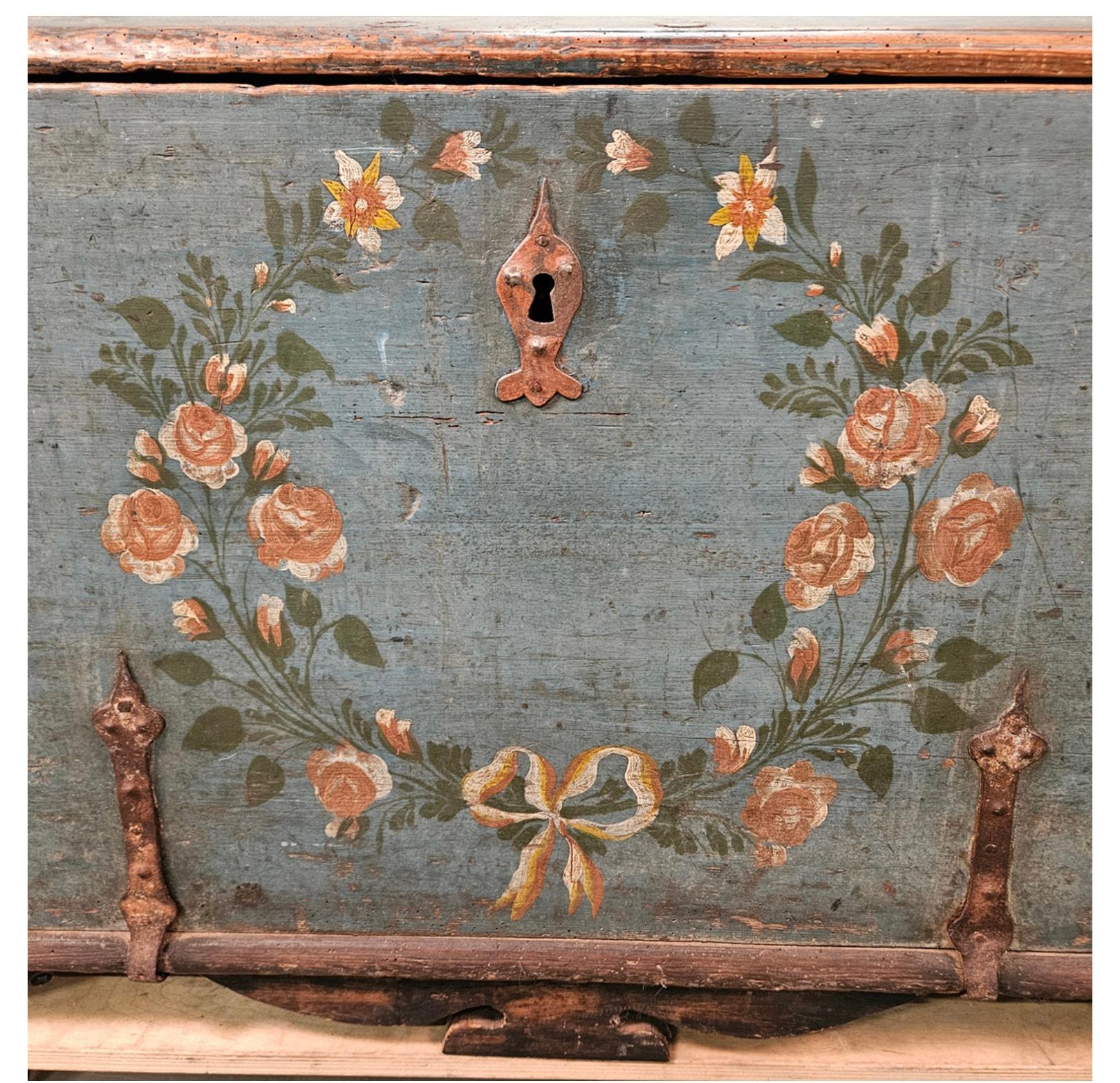 Circa 19th century Swedish painted blue folk style decorated marriage chest 2