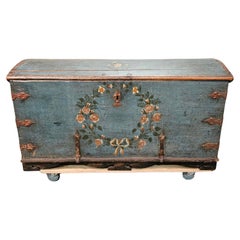 Circa 19th century Swedish painted blue folk style decorated marriage chest