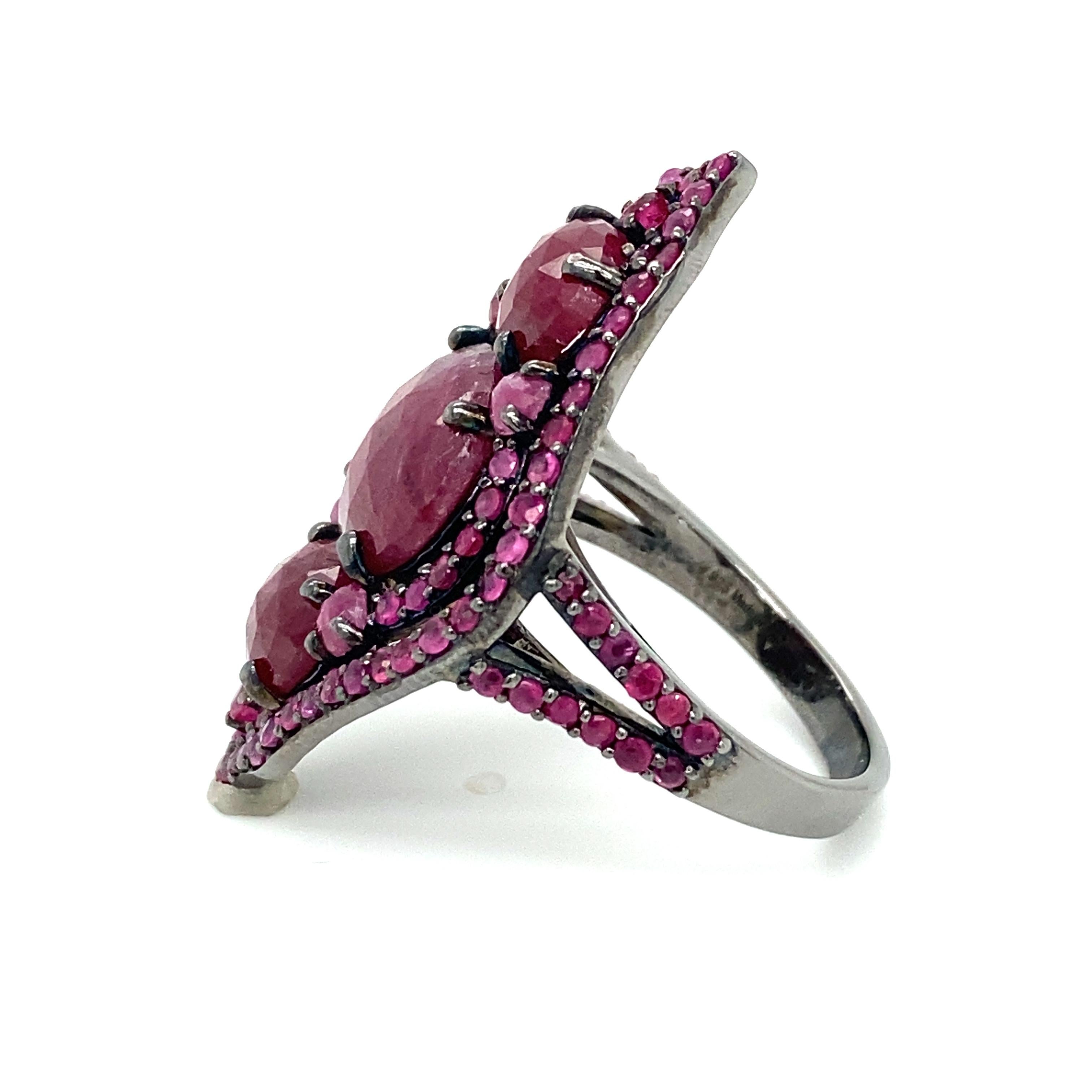 Modern Circa 2000s 5 Carat Total Ruby Cocktail Ring in Black Rhodium Sterling Silver For Sale