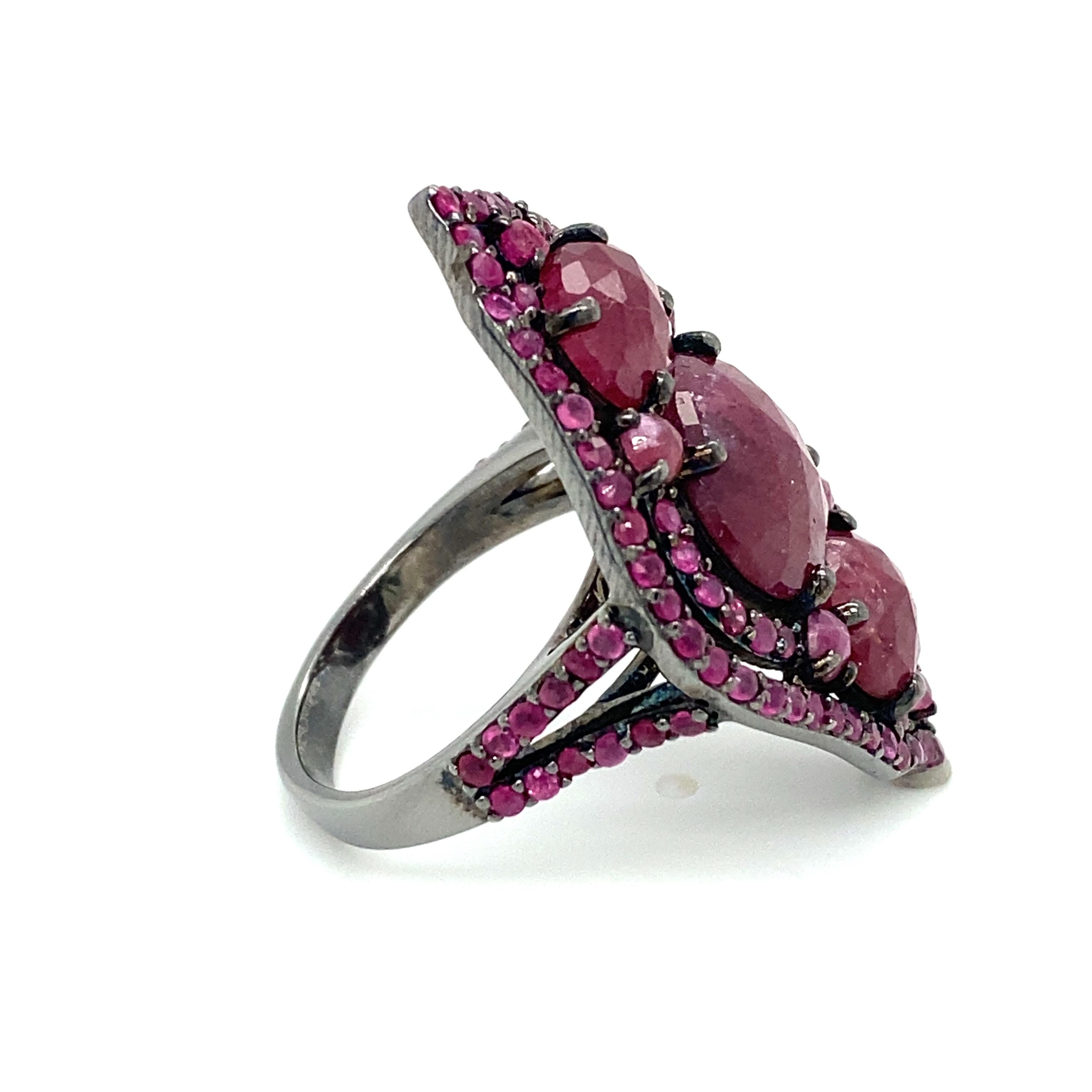 Women's or Men's Circa 2000s 5 Carat Total Ruby Cocktail Ring in Black Rhodium Sterling Silver For Sale