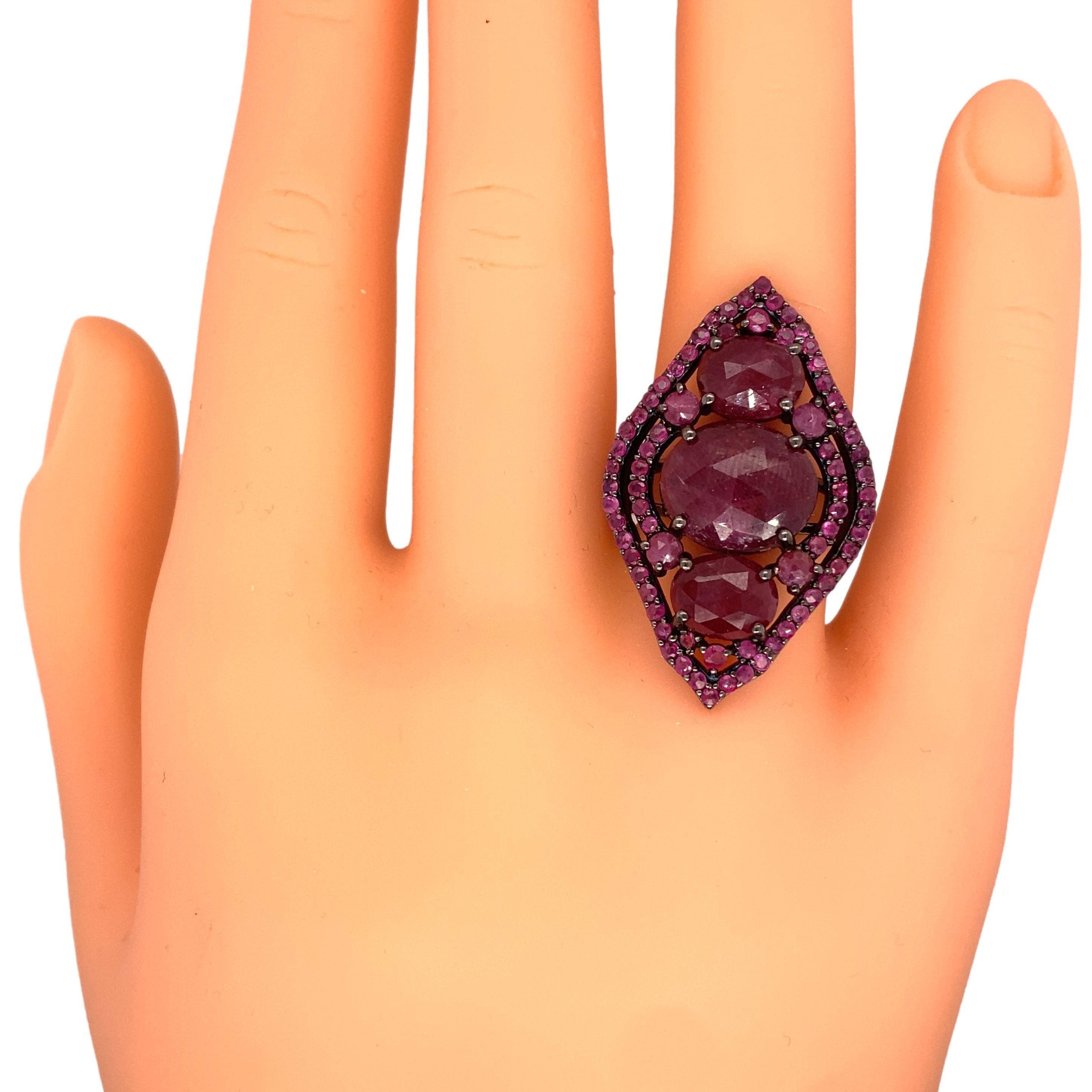Circa 2000s 5 Carat Total Ruby Cocktail Ring in Black Rhodium Sterling Silver For Sale 1