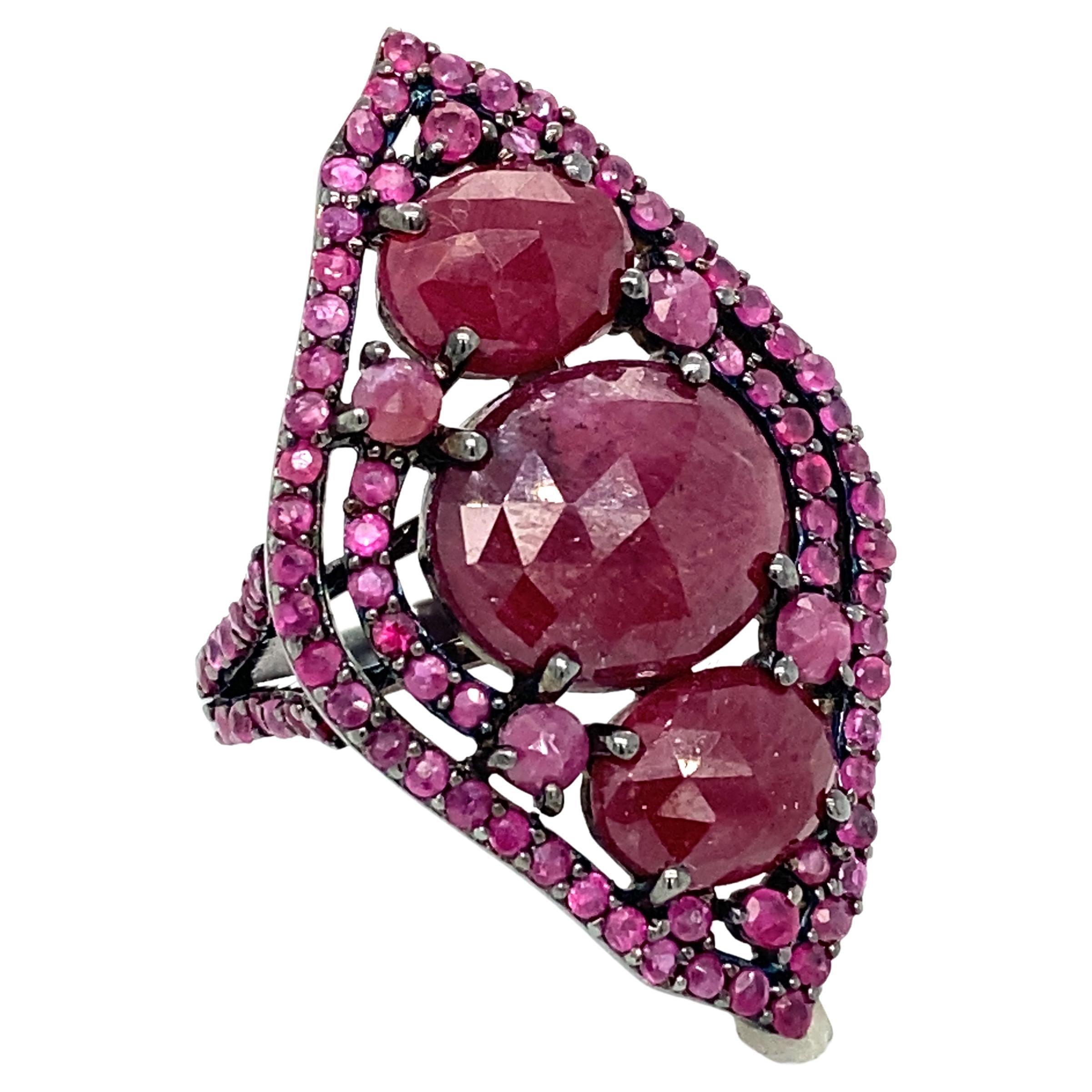 Circa 2000s 5 Carat Total Ruby Cocktail Ring in Black Rhodium Sterling Silver For Sale