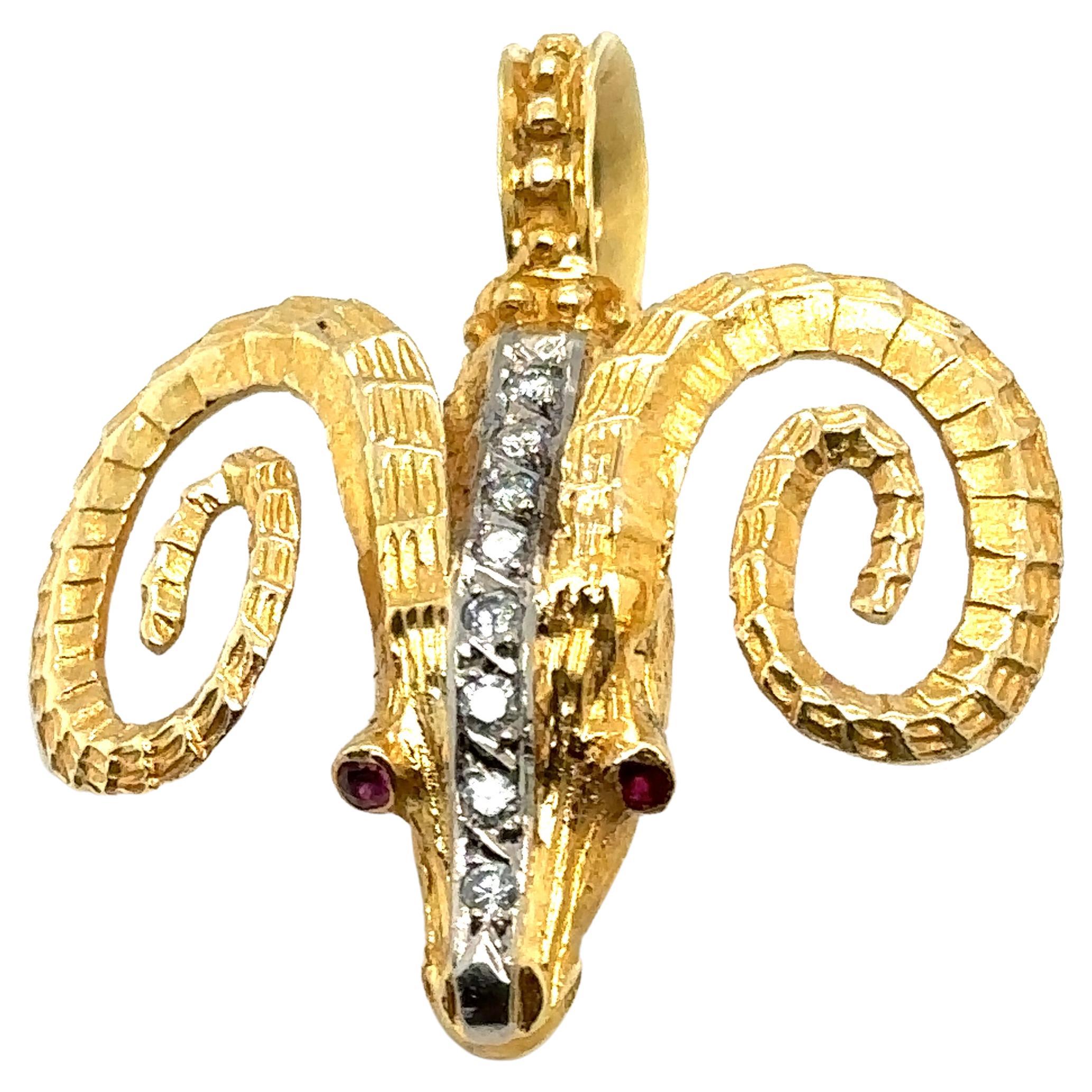 Circa 2000s Diamond and Ruby Aries Ram Pendant in 18 Karat Gold For Sale