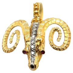 Circa 2000s Diamond and Ruby Aries Ram Pendant in 18 Karat Gold