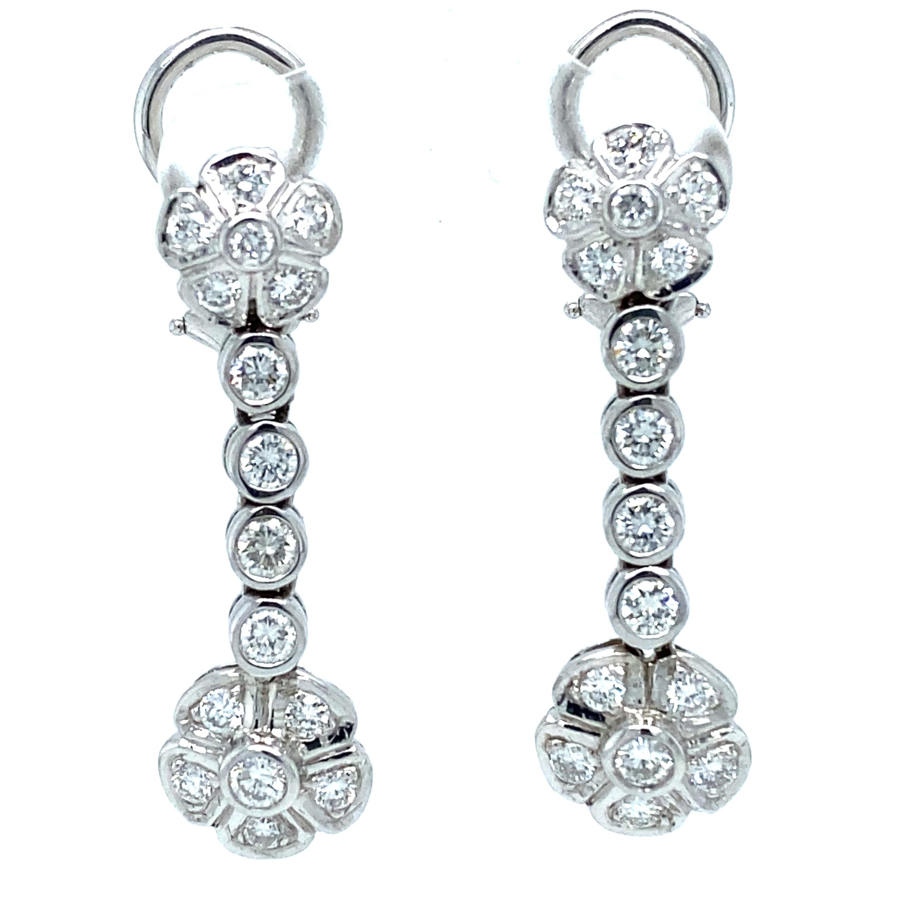 Modern 2000s Diamond Flower Drop Earrings in 18 Karat White Gold For Sale