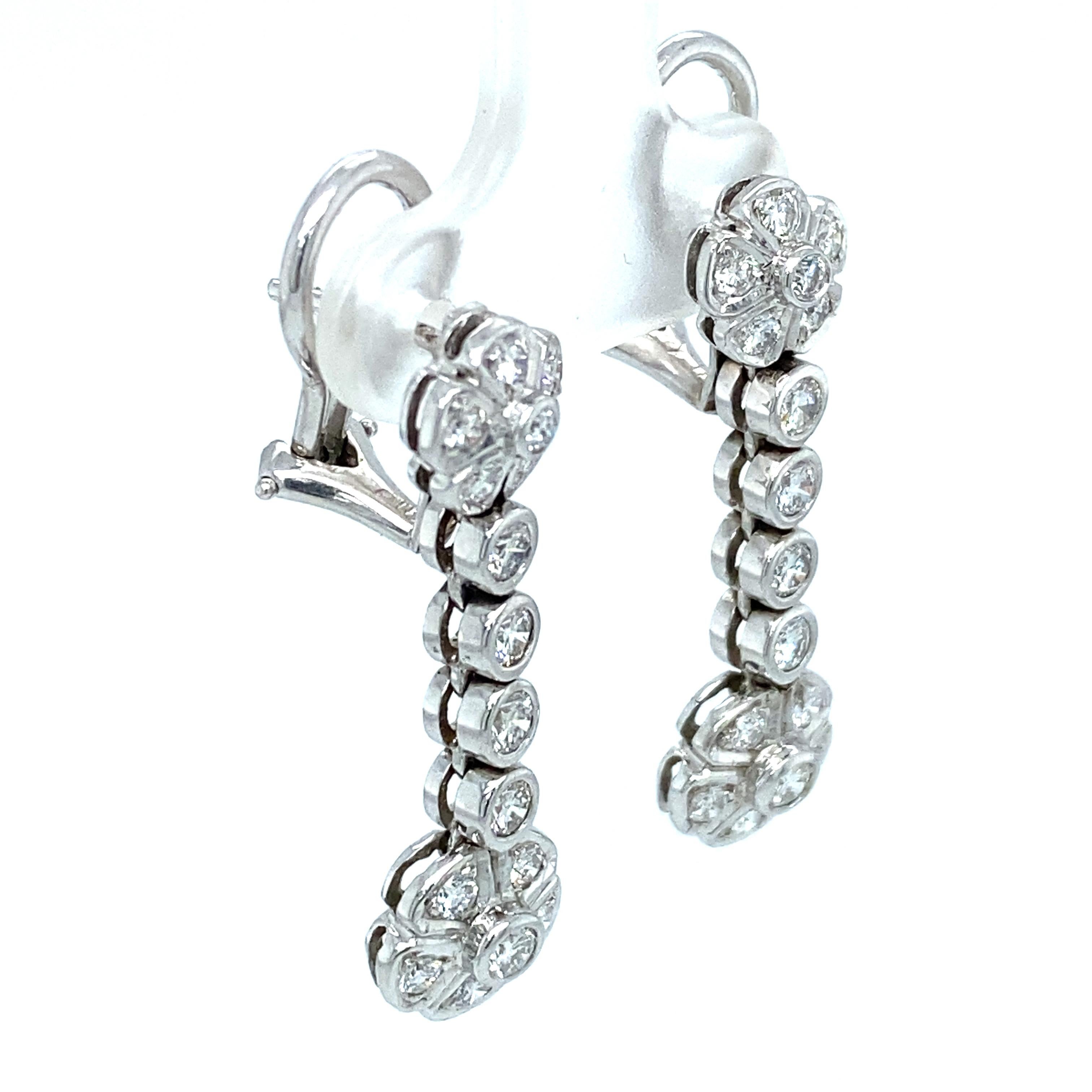 Round Cut 2000s Diamond Flower Drop Earrings in 18 Karat White Gold For Sale