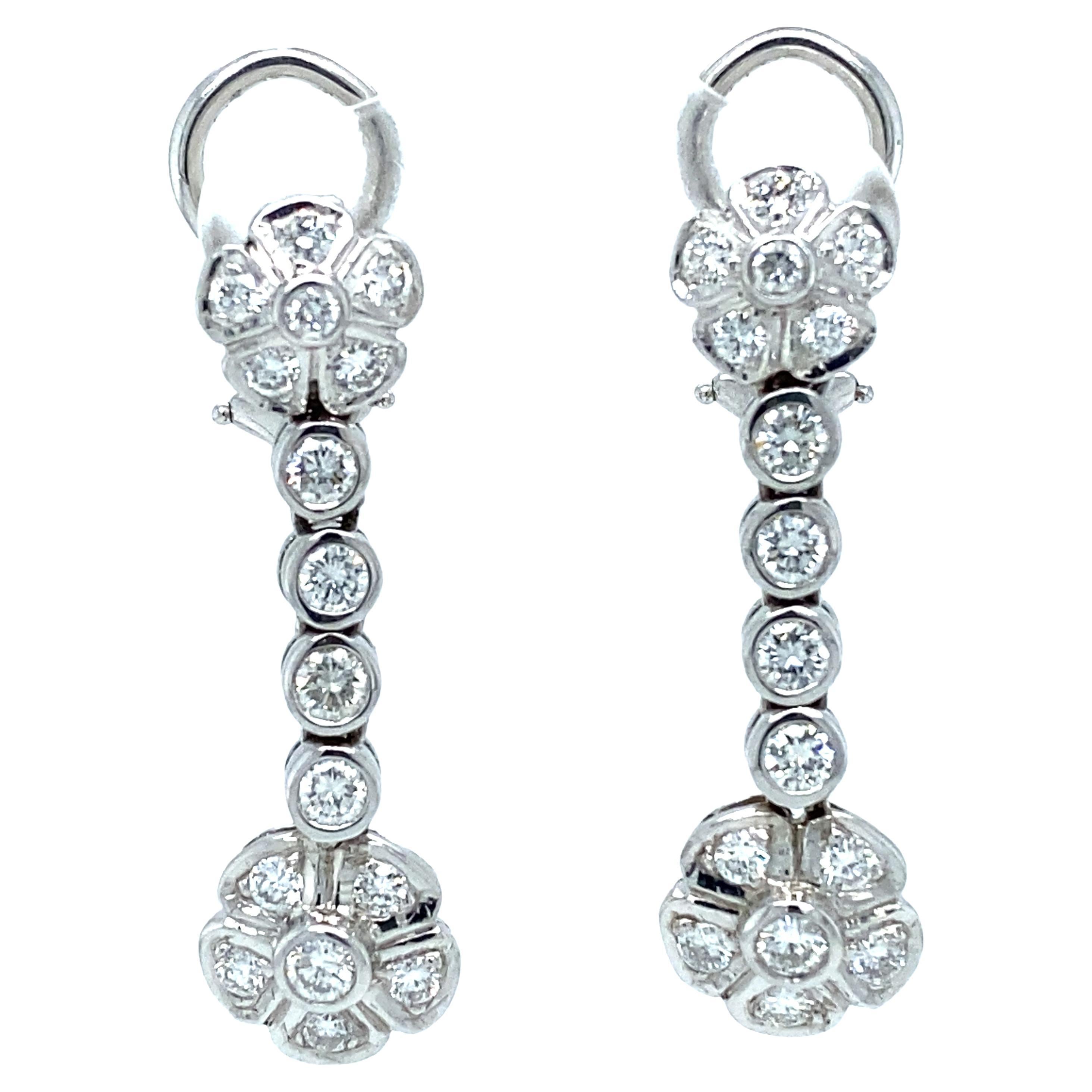 Circa 2000s Diamond Flower Drop Earrings in 18 Karat White Gold