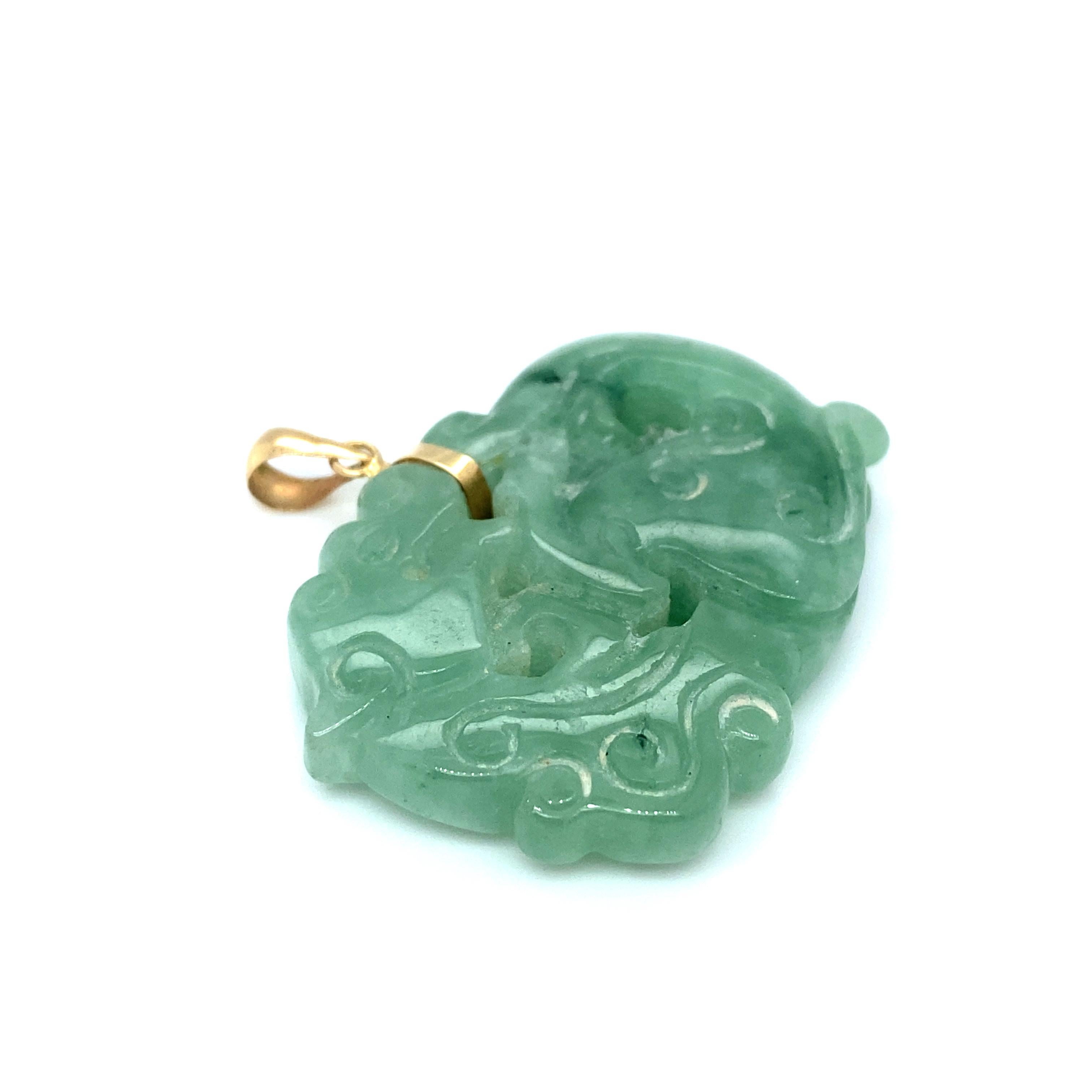 Rough Cut Circa 2000s Green Jade Carving Pendant in 14 Karat Gold For Sale