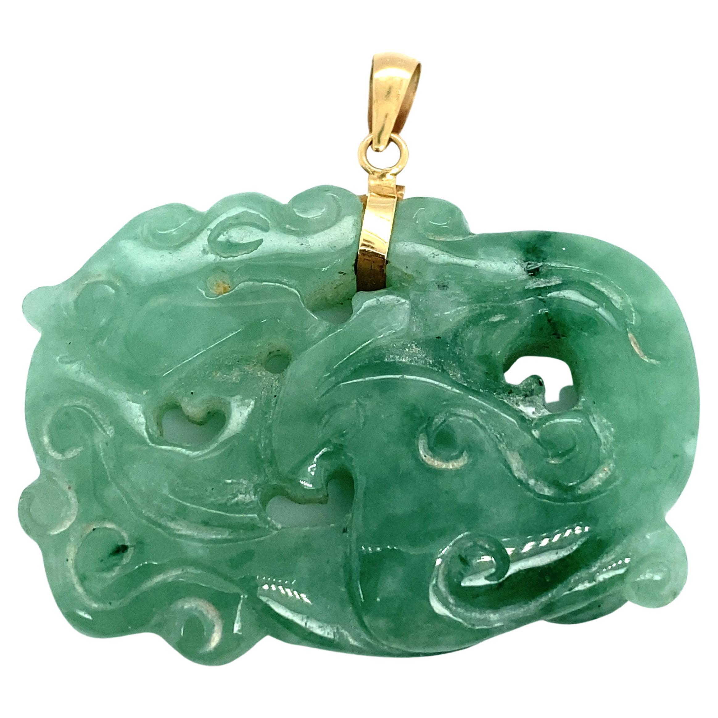 Circa 2000s Green Jade Carving Pendant in 14 Karat Gold For Sale