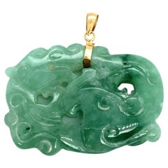 Green Jade Carving Pendant in 14 Karat Gold