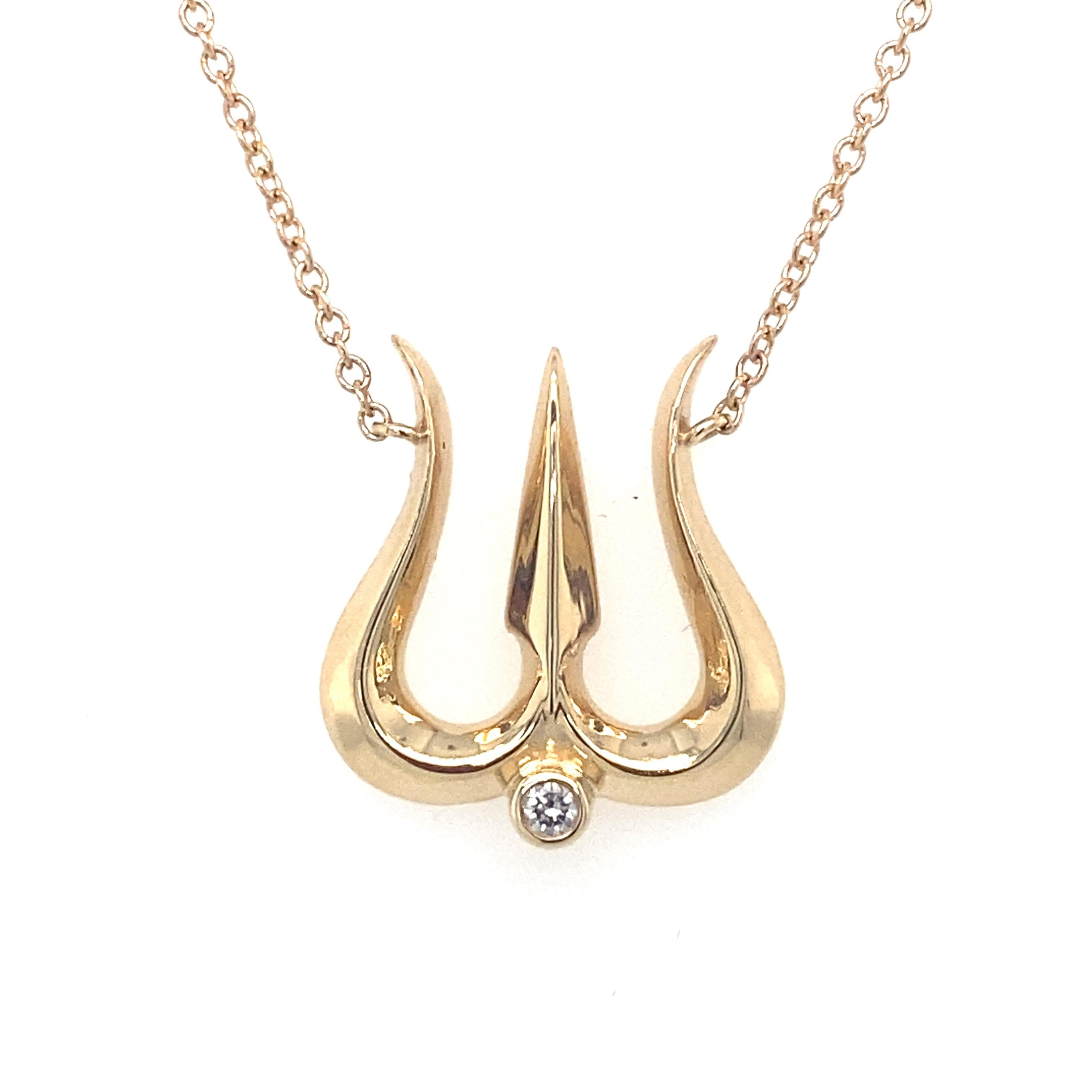 Item Details: This pendant features a Hindu trishula weapon symbol with one accent diamond.

Circa: 2000s
Metal Type: 14k yellow gold
Weight: 3.3g
Size: 18in L

Diamond Details:

Carat: 0.05 carats
Shape: Round
Color: G
Clarity: VS