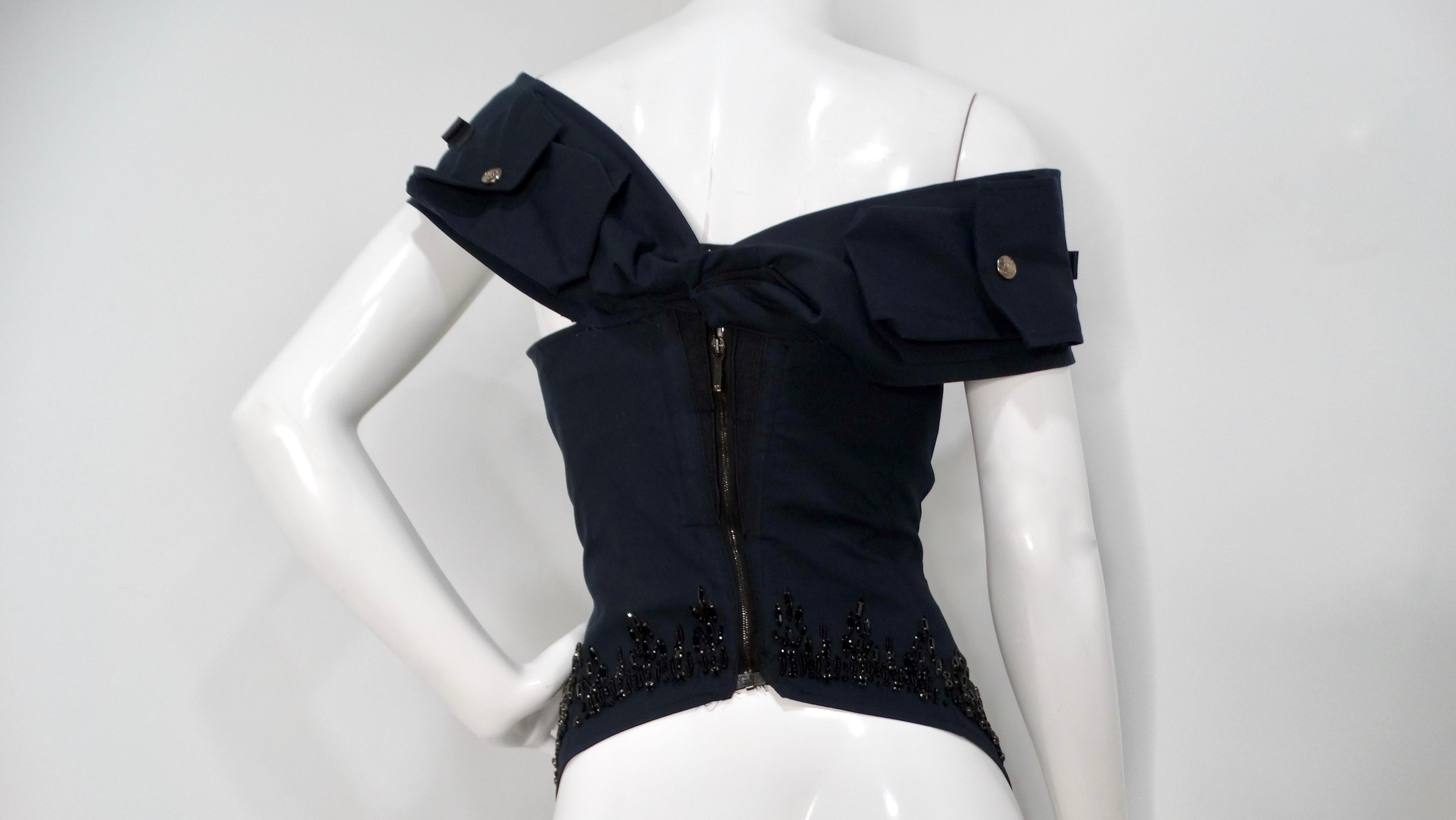 Circa 2003 John Galliano for Christian Dior Boutique Black Beaded Corset Top For Sale 2