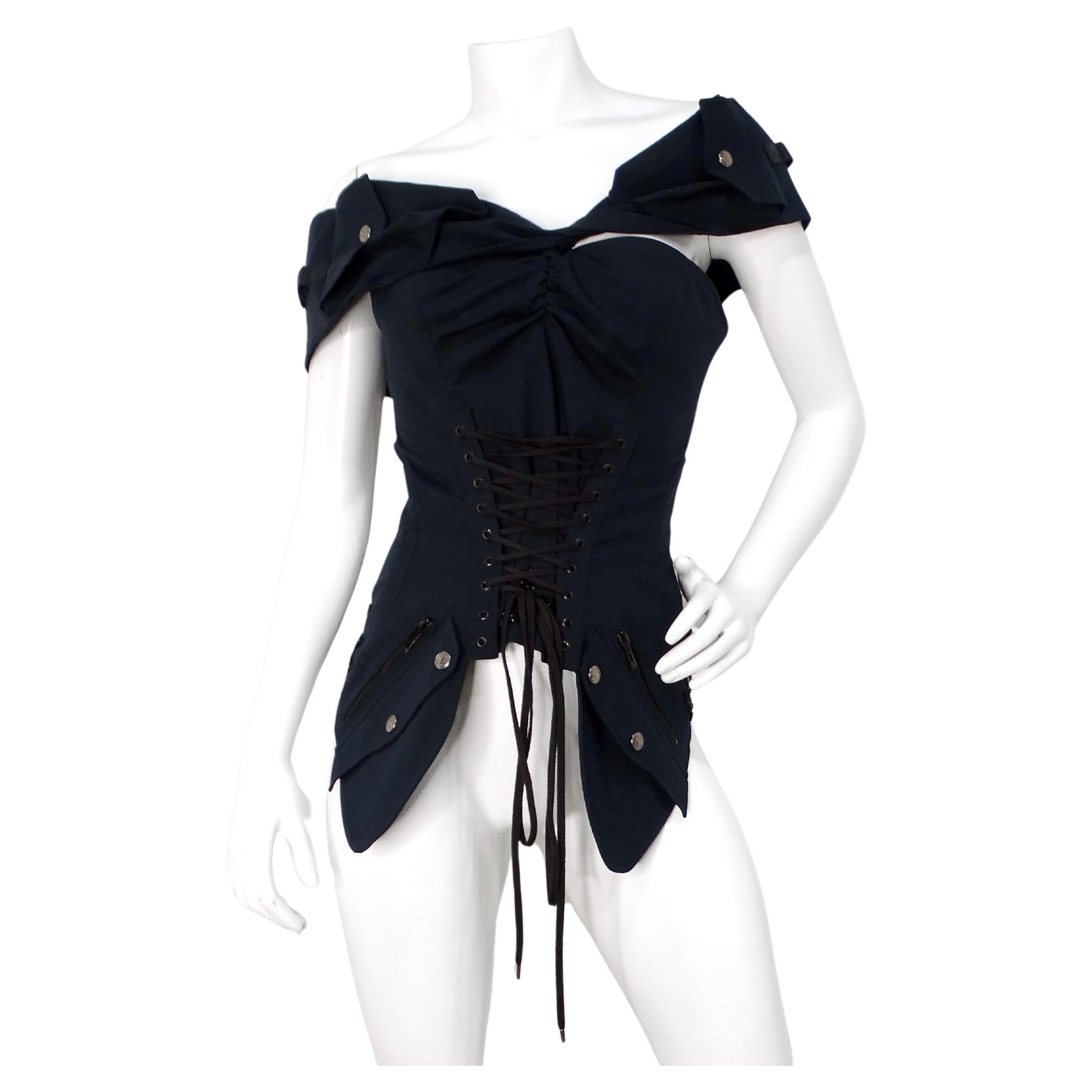 Circa 2003 John Galliano for Christian Dior Boutique Black Beaded Corset Top For Sale