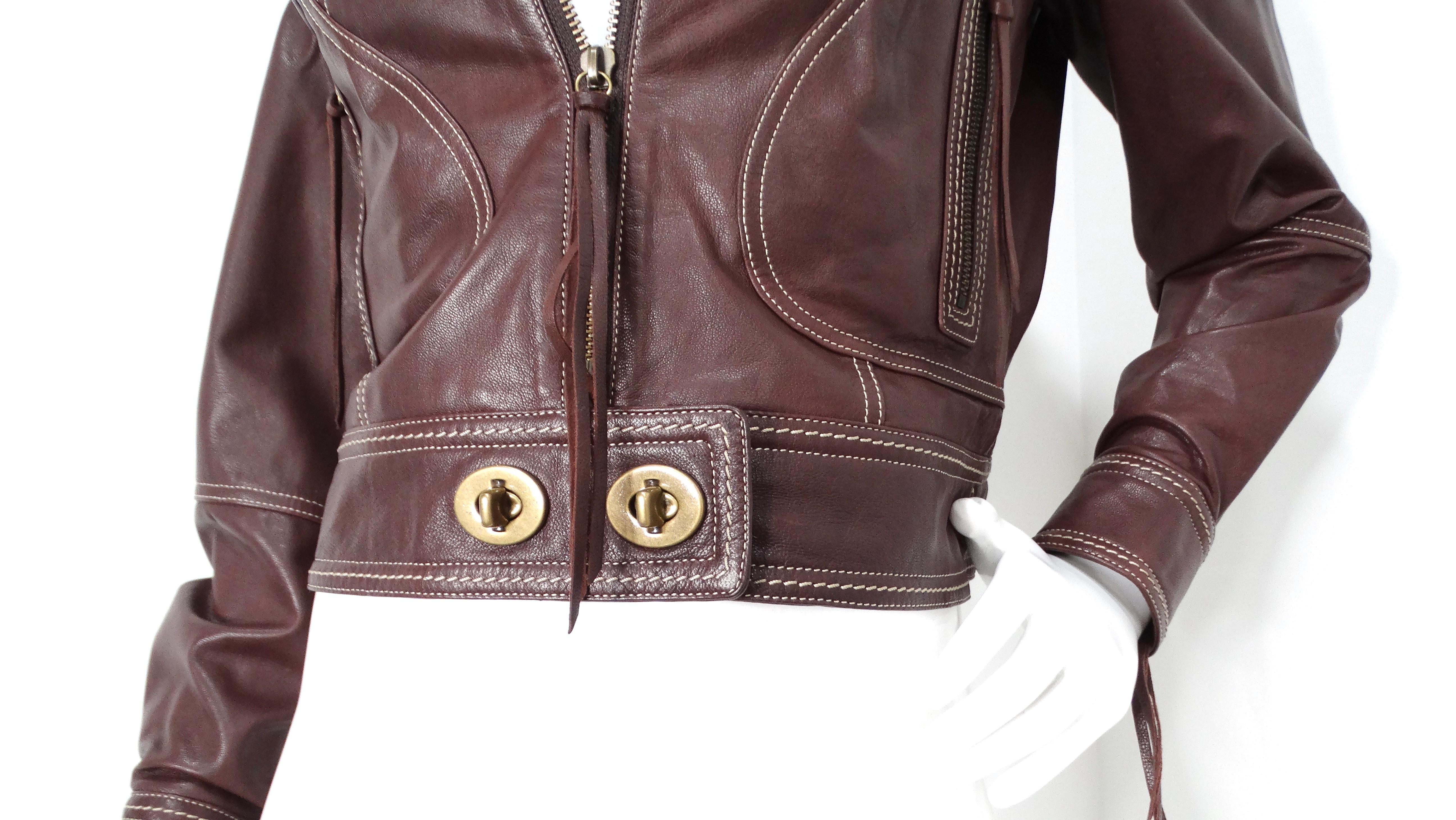 Noir CIRCA 2006 Veste de moto en cuir d'agneau brun et fourrure de coyote de Coach en vente