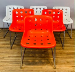 Circa 2010 Six Red & White Robin Day 'Polo' Sled Chrome & Polypropylene Chairs
