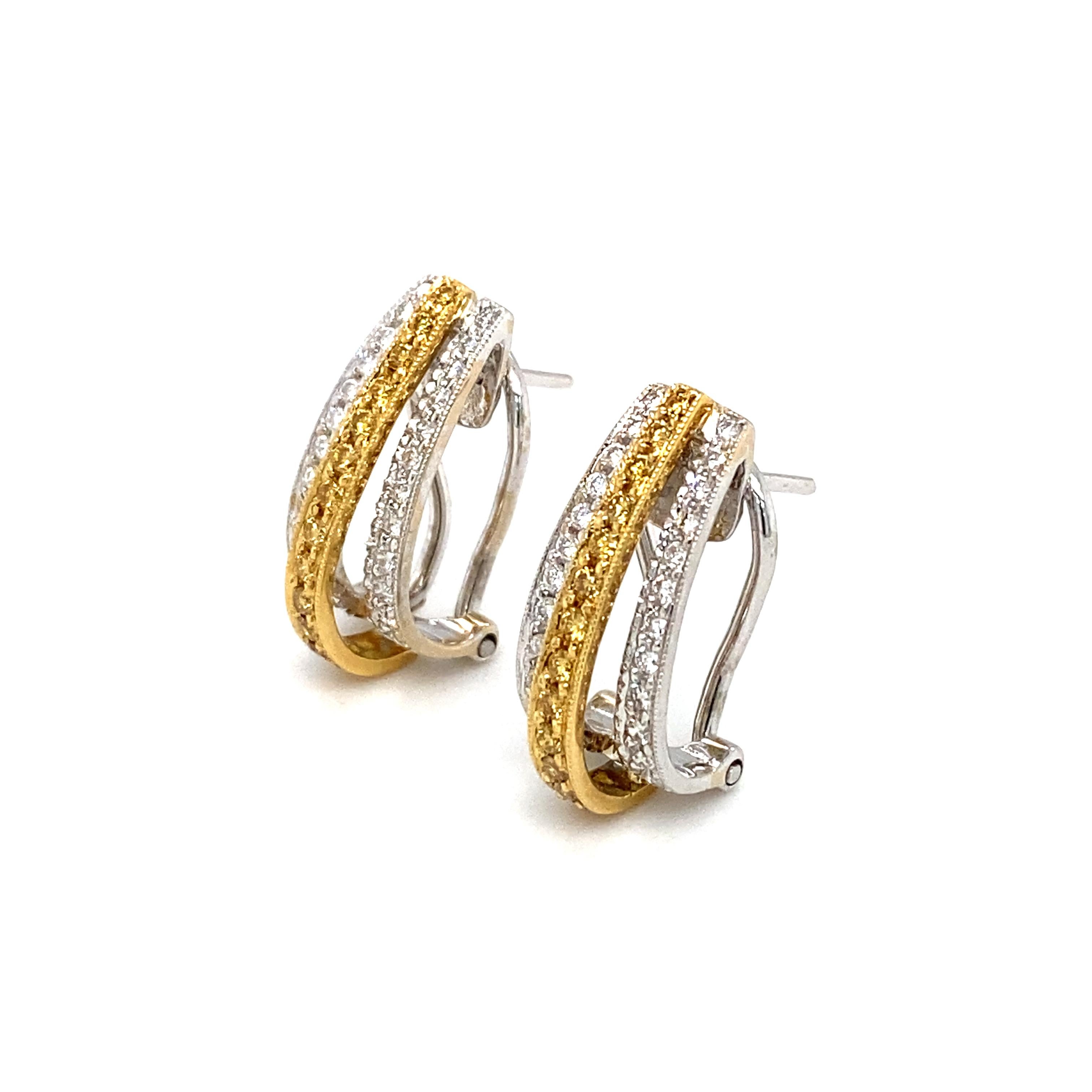 Circa 2010s 2.0 Carat Yellow and White Diamond Earrings in 18 Karat Gold  For Sale 1