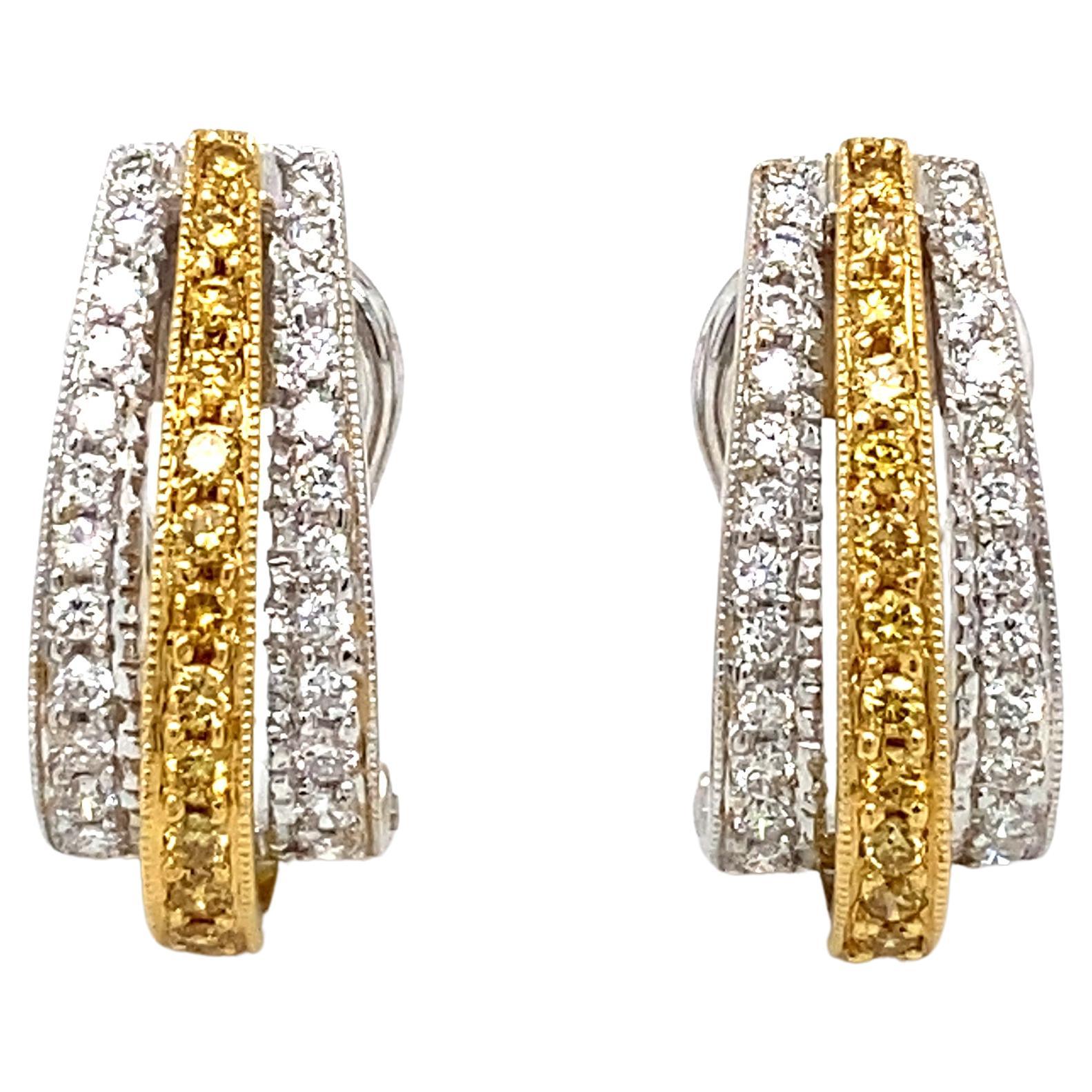 Circa 2010s 2.0 Carat Yellow and White Diamond Earrings in 18 Karat Gold 