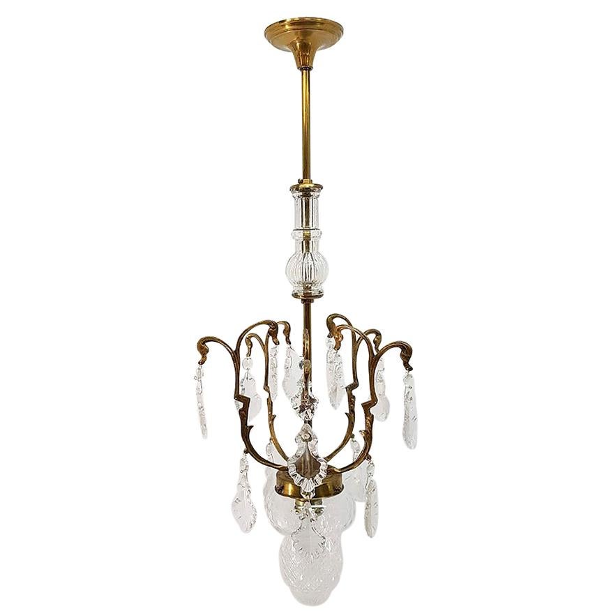 Bronze Chandelier and Crystal Pendant, circa 20th Century For Sale