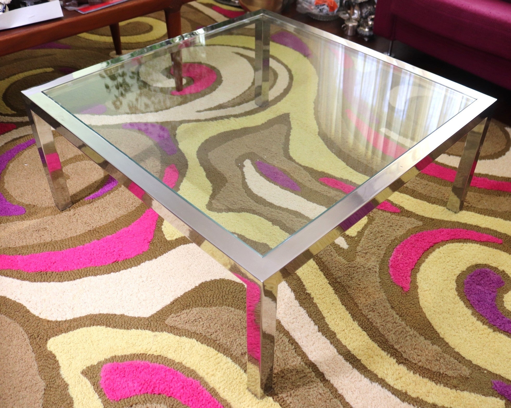Circa 70's Milo Baughman Chunky Chrome Square Glass Coffee Table For Sale