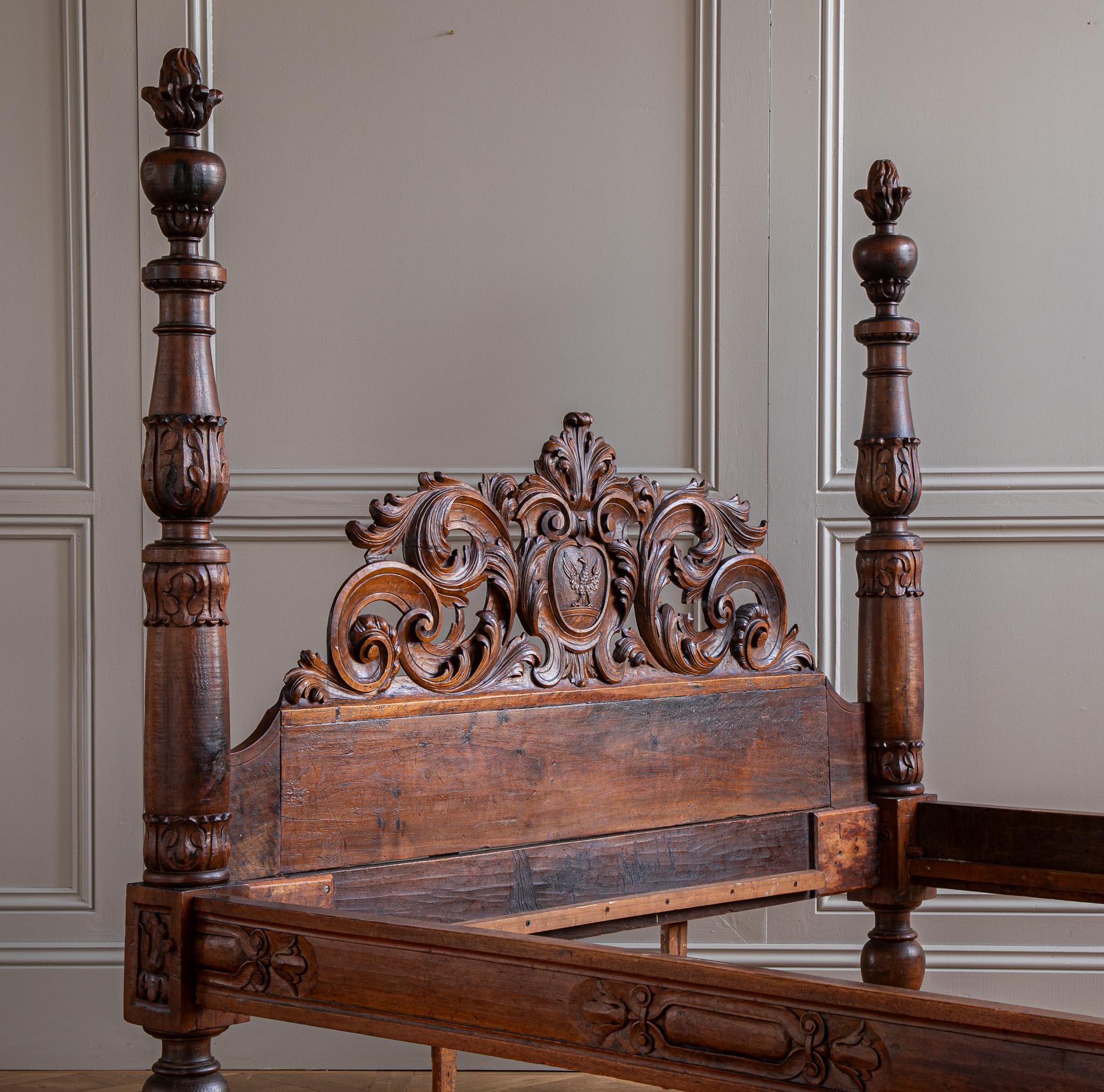 Hand-Carved Circa Mid 1800's Italian Baroque Style Four Poster Bed In Carved Walnut For Sale