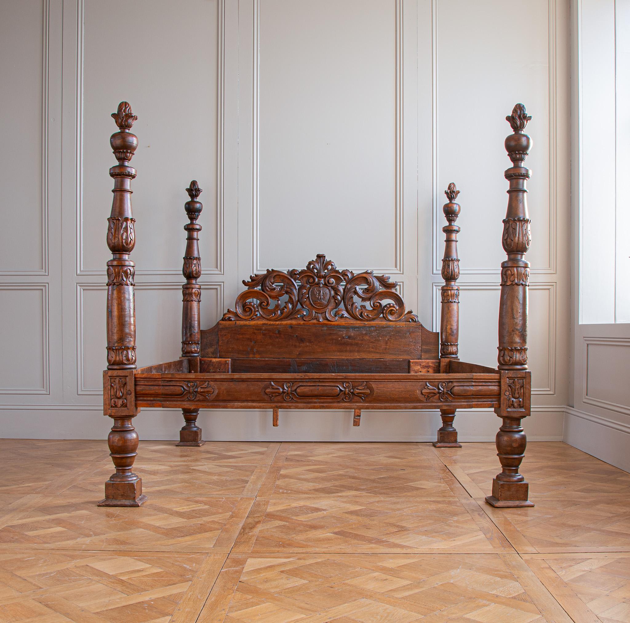 19th Century Circa Mid 1800's Italian Baroque Style Four Poster Bed In Carved Walnut For Sale