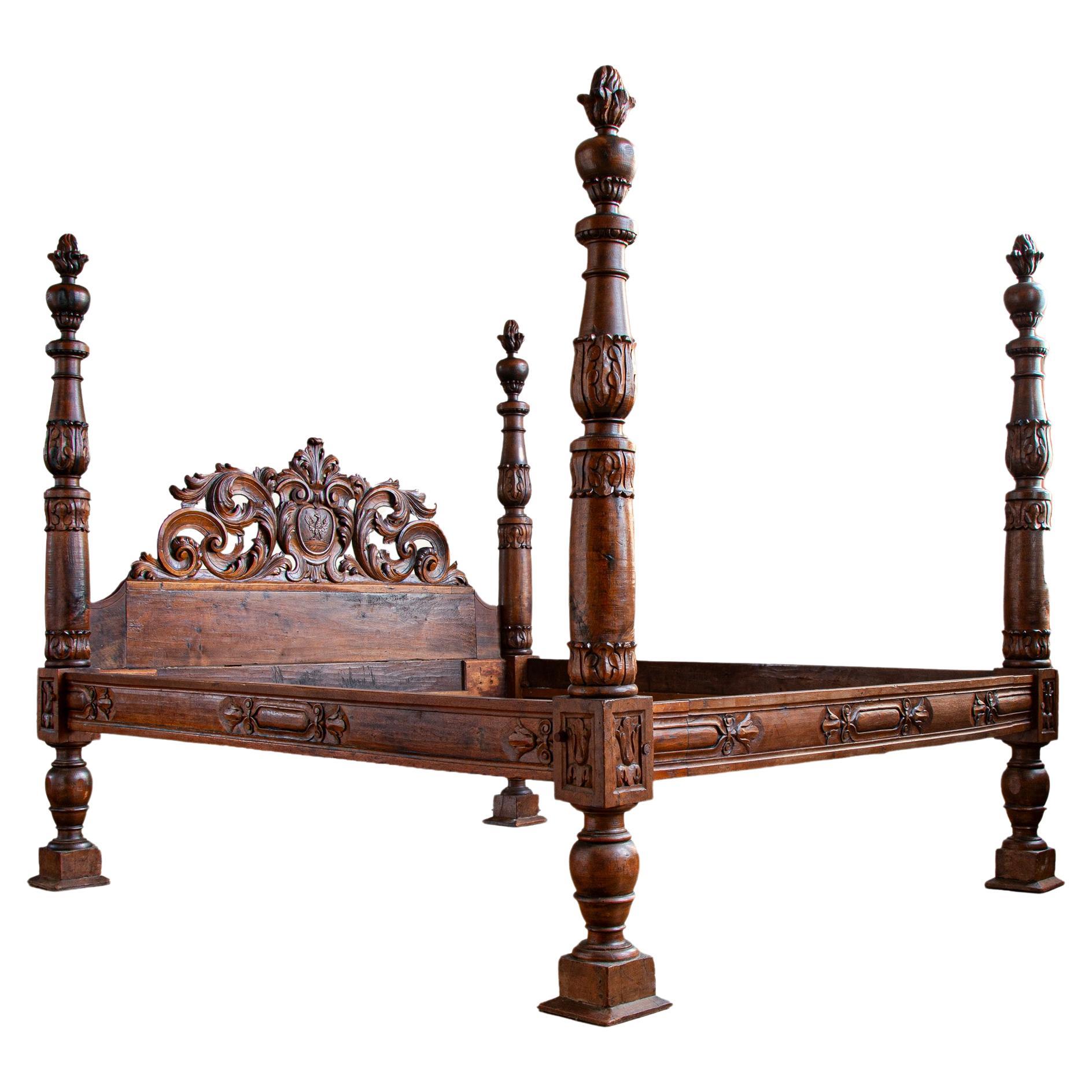Circa Mid 1800's Italian Baroque Style Four Poster Bed In Carved Walnut For Sale