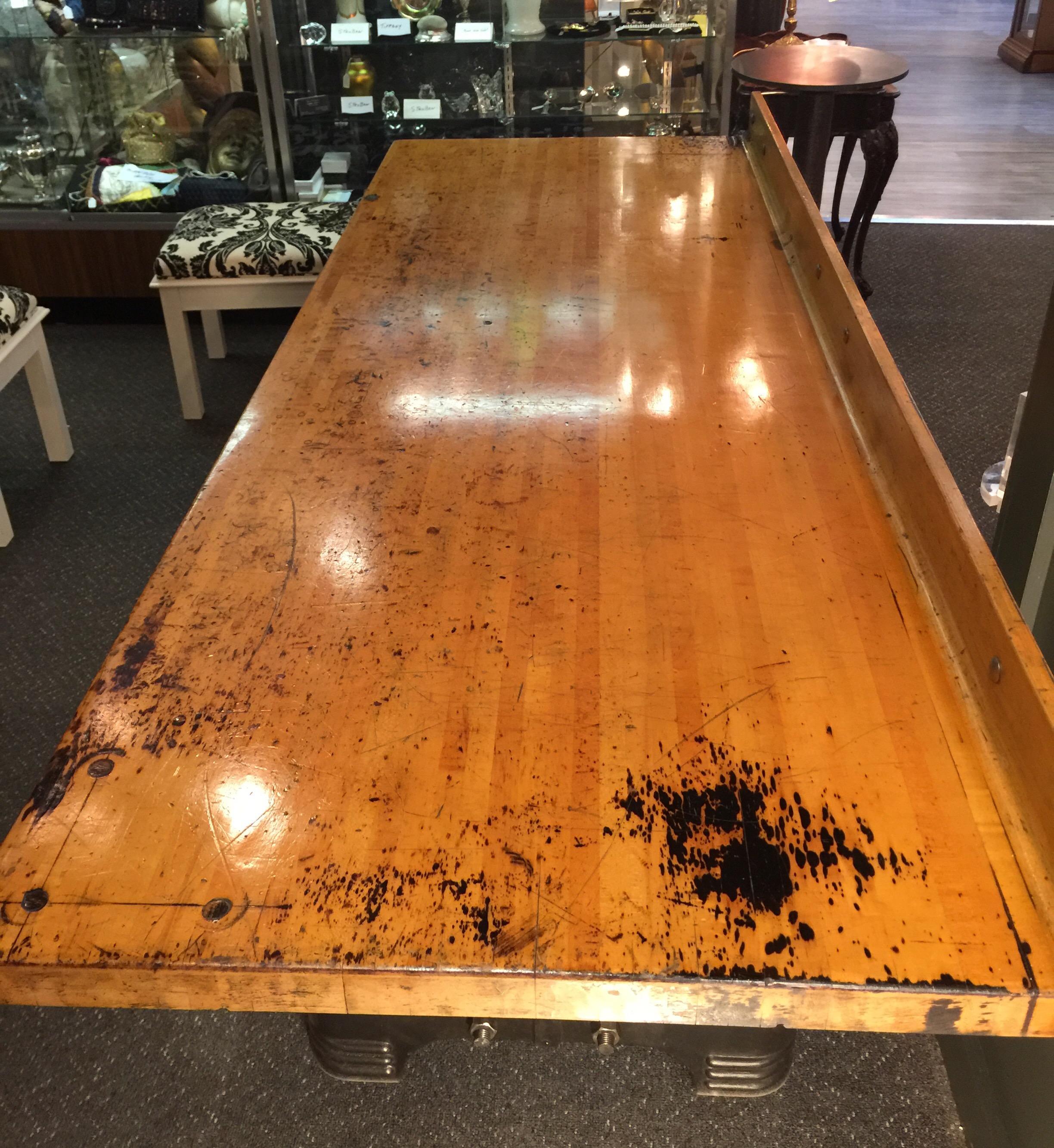 Maple Table with Refinished Vintage Steel Base Industrial Style, circa Mid-1900s 4