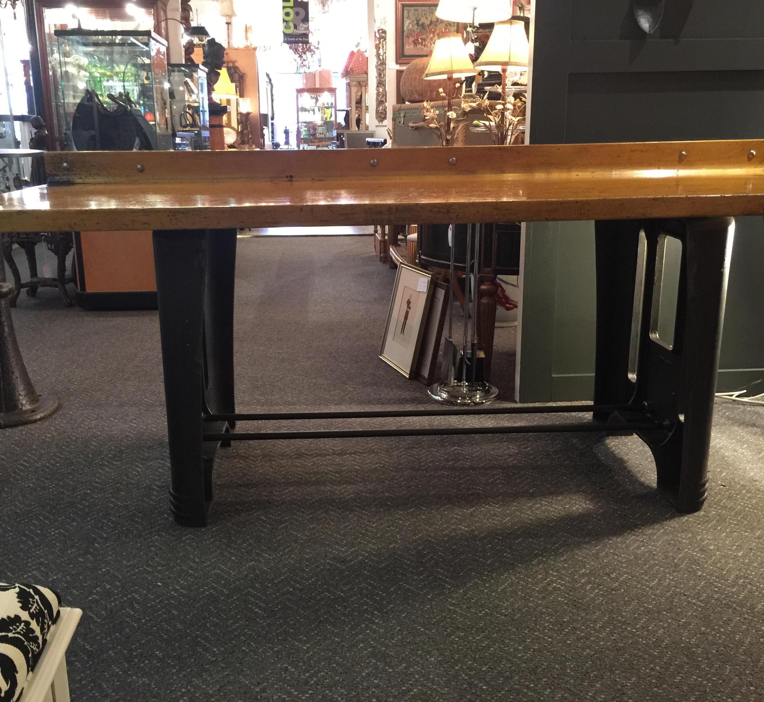 American Maple Table with Refinished Vintage Steel Base Industrial Style, circa Mid-1900s