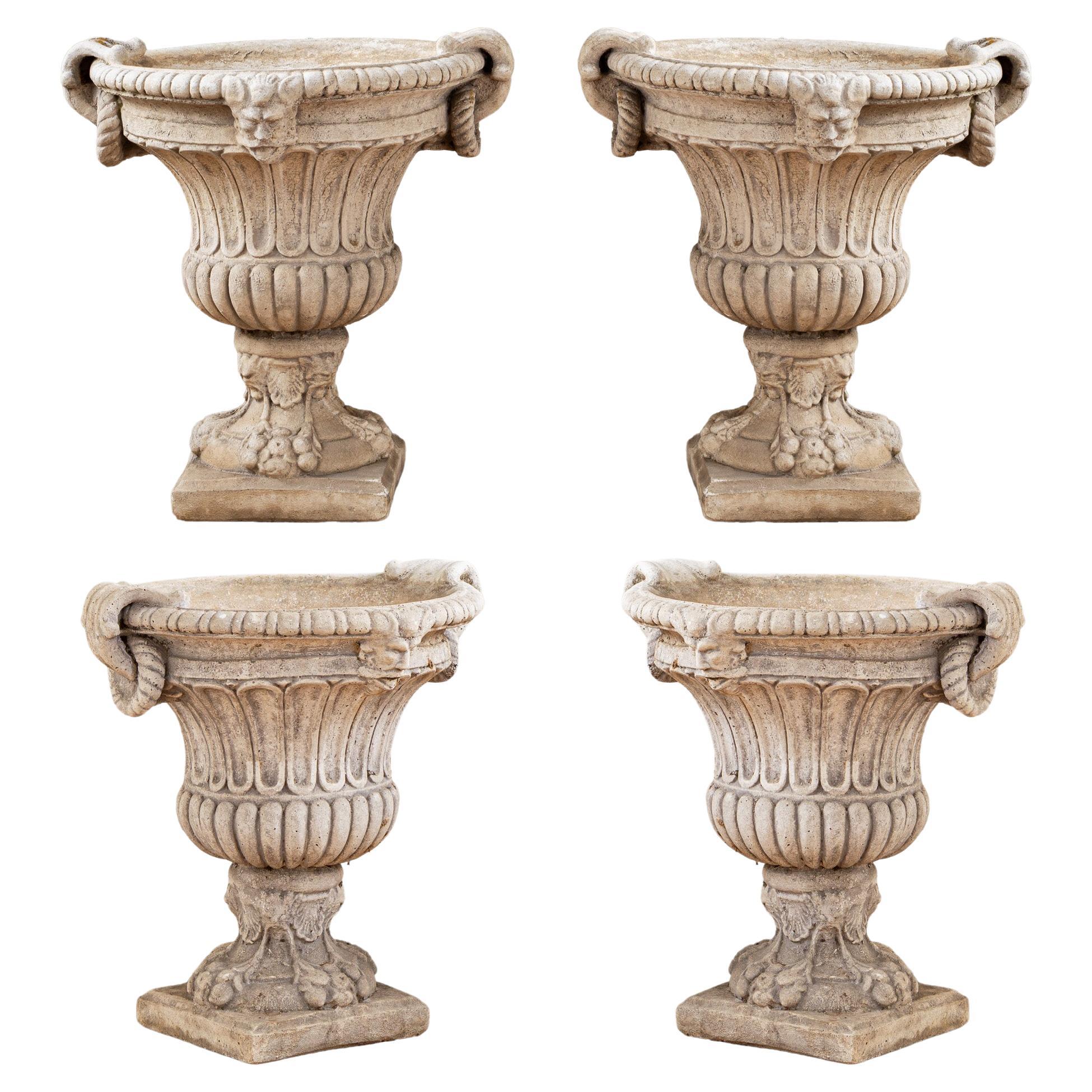 Circa Mid 1900's Set Of 4 Decorative Italian Garden Urns In Reconstituted Stone For Sale