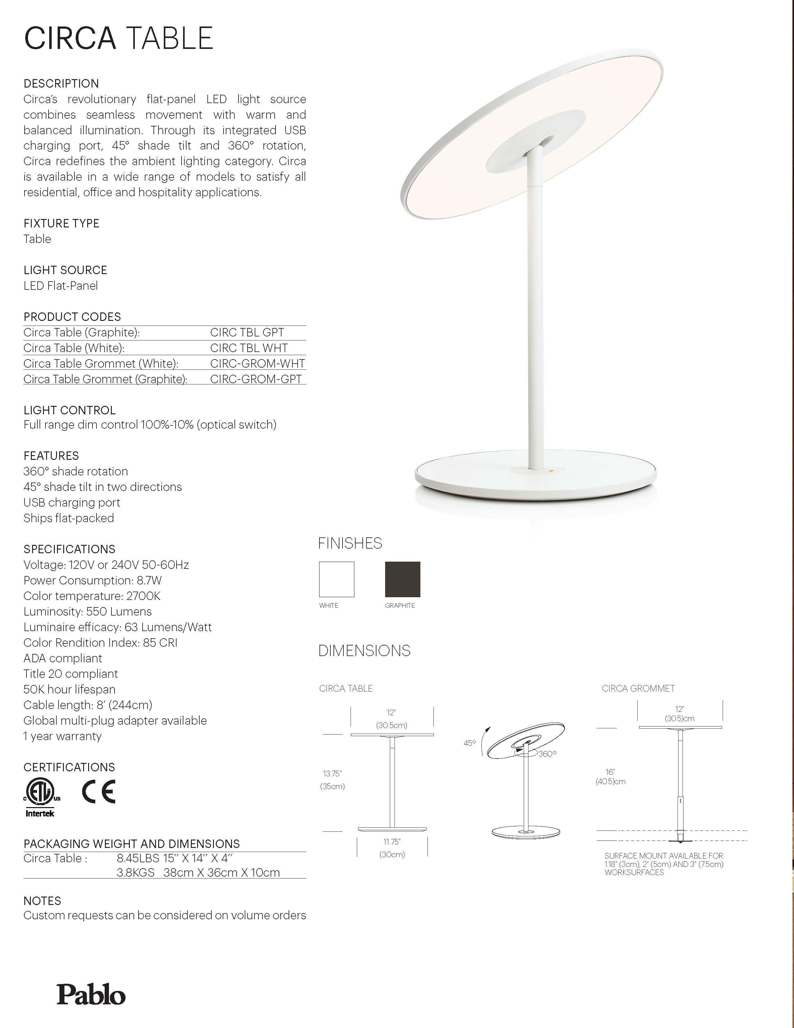 Contemporary Circa Table Lamp in White by Pablo Designs For Sale