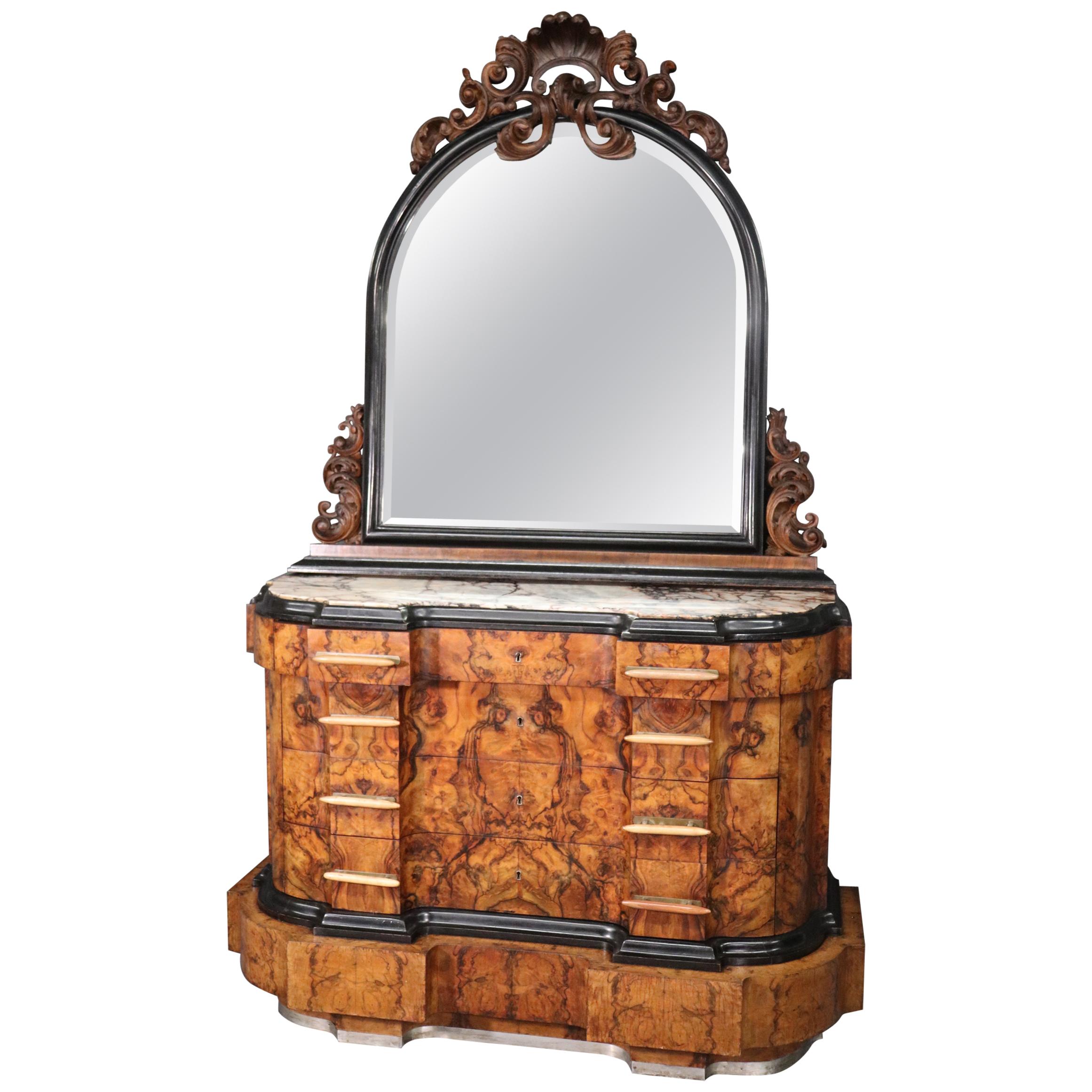 Circassian Walnut Carved Italian Art Deco Grand Dresser with Matching Mirror