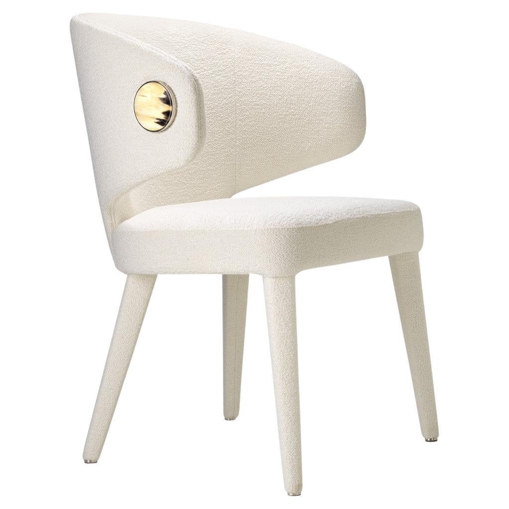 Circe Chair in White Bouclé Fabric with Detail in Corno Italiano, Mod. 4433CC For Sale