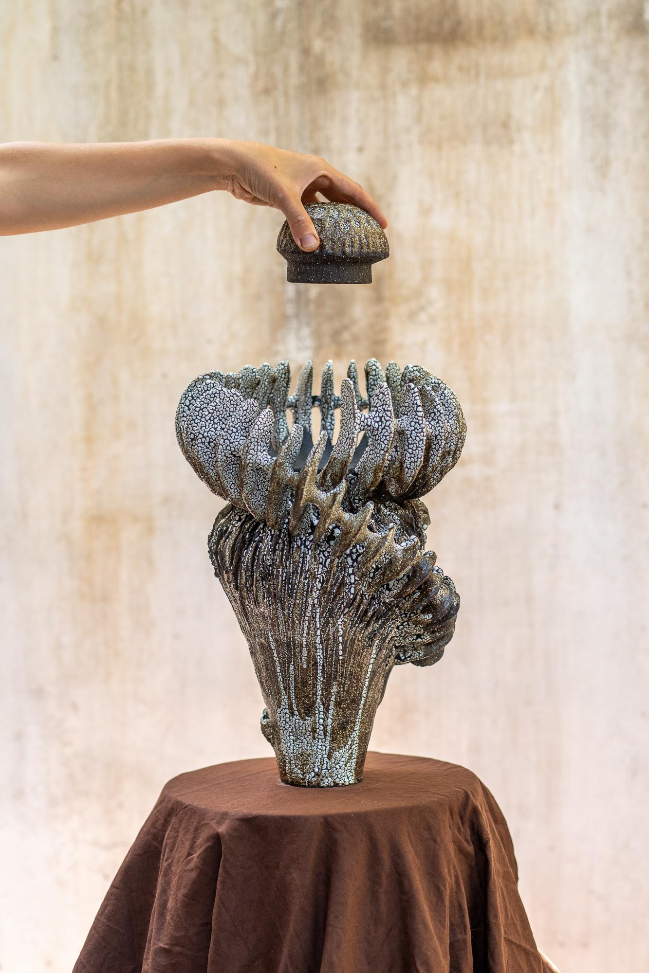 Contemporary Circium Vase in Black Clay with Crawl Glazing by Kallia Panopoulou For Sale