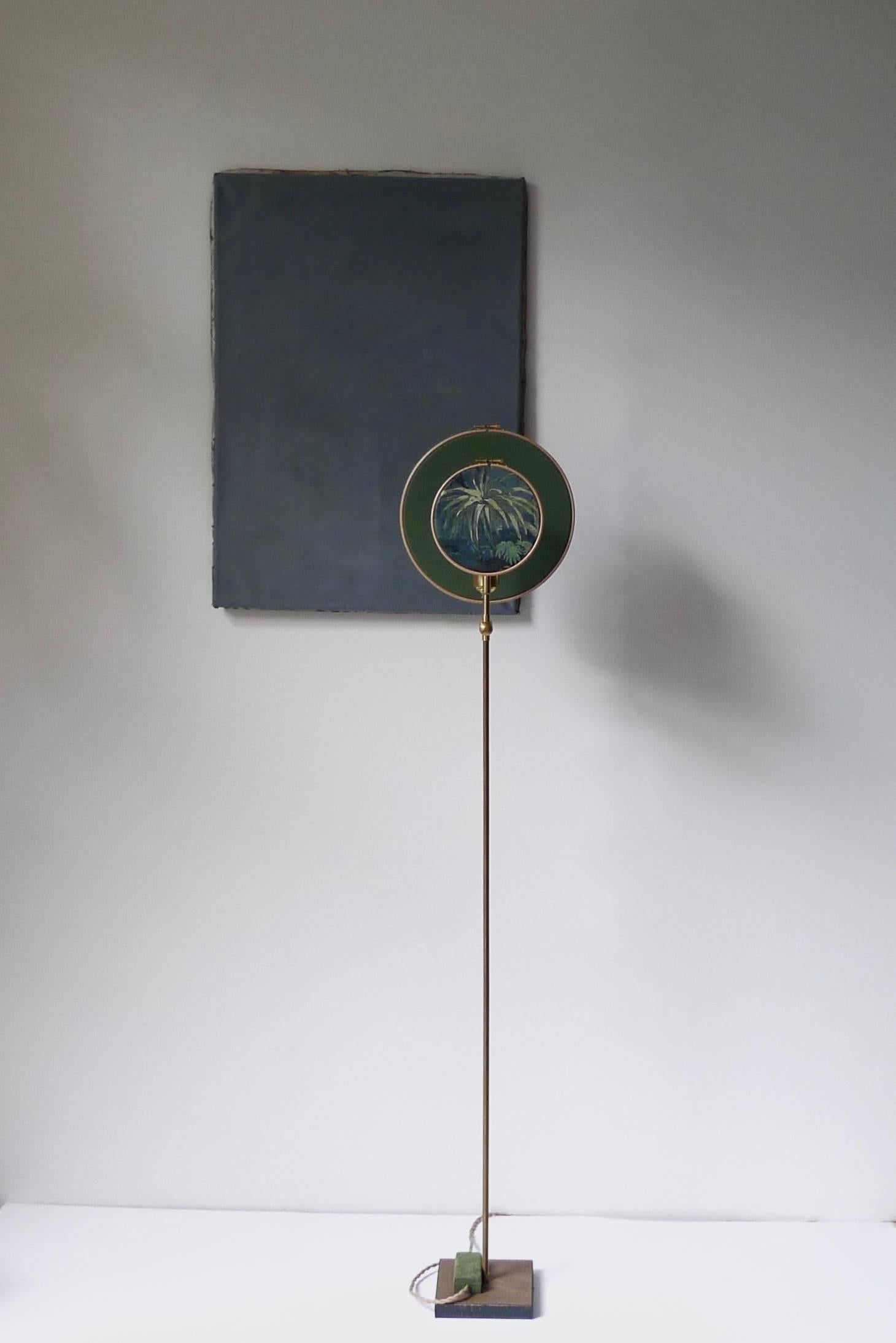 Light object, floor lamp, circle blue grey
Handmade in brass, leather, wood and hand printed and painted linen.
A dimmer is inlaid with leather
Dimensions: H 130 x W 27 x D 16 cm
The design artwork is meticulously handcrafted in a limited