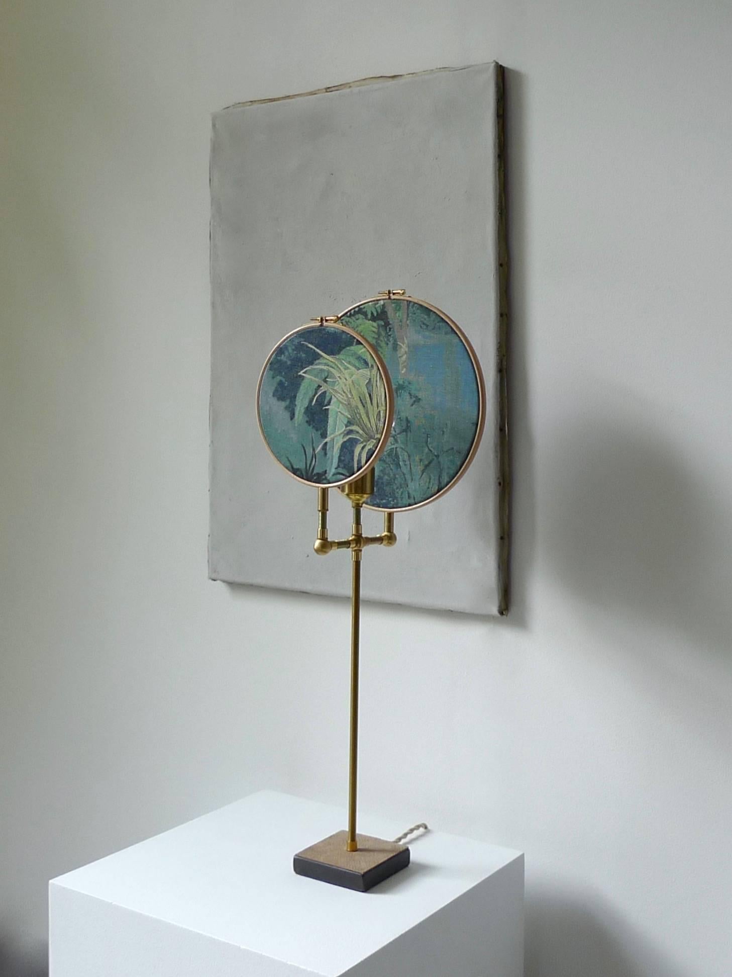 Light object, floor lamp, circle blue grey
Handmade in brass, leather, wood, hand printed and painted linen.
A dimmer is inlaid with leather
Dimensions: H 68 x W 27 x D 16 cm
The design artwork is meticulously handcrafted in a limited series,